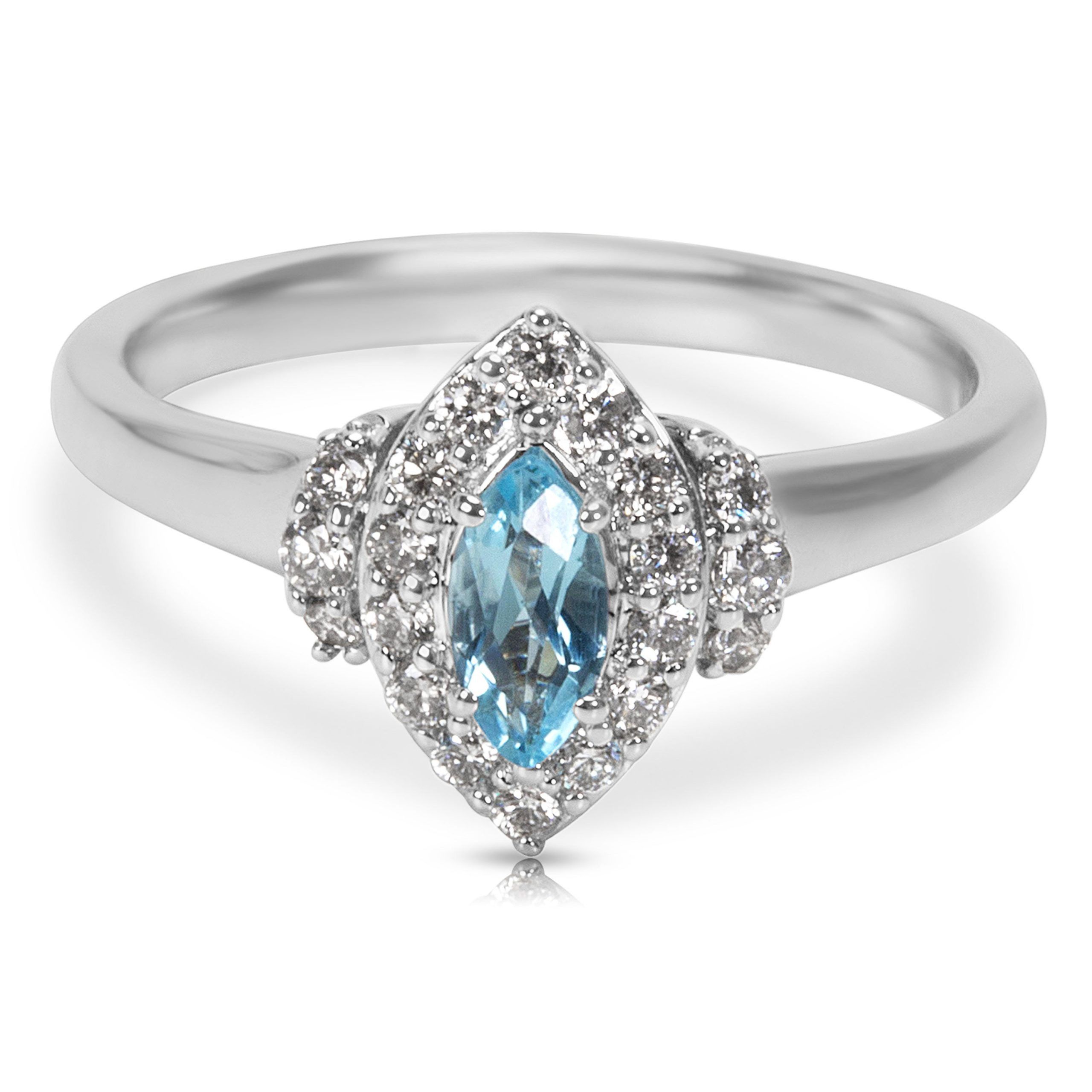 image of Tiffany Co Diamond & Aquamarine Marquise Ring In 14K White Gold (0.27 Ctw), Women's
