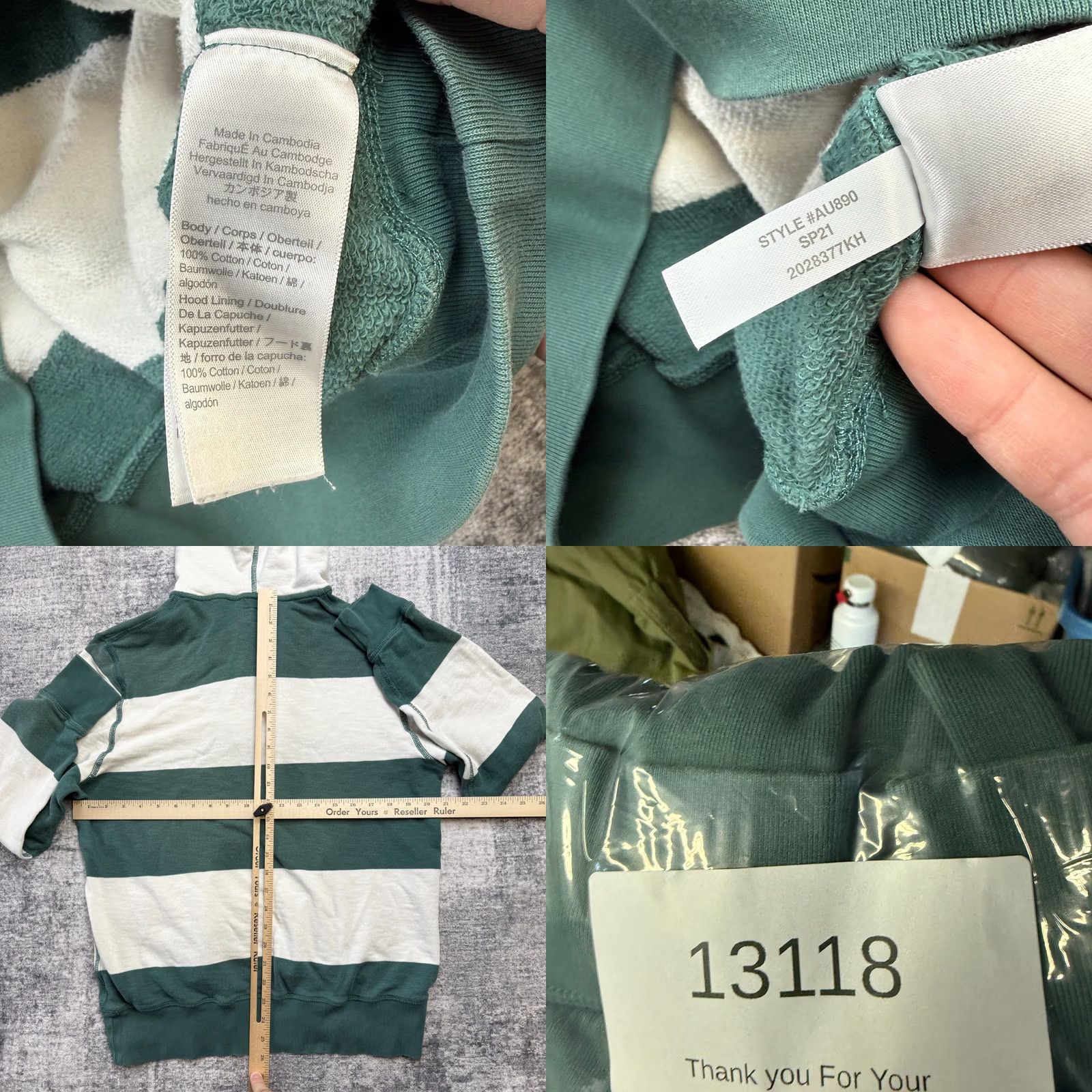 J.Crew J.CREW Hoodie Mens Large Green Striped Lightweight Sunfaded Henley French Terry Size US L / EU 52-54 / 3 - 8 Thumbnail
