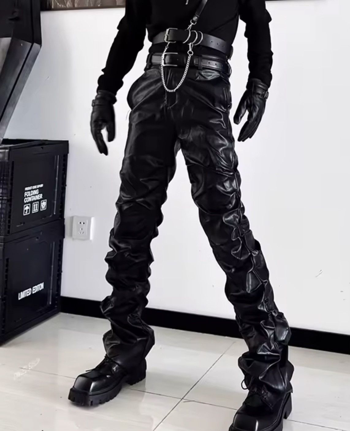 Black Faux Leather Wide Leg Stacked Jeans, Opium Jeans