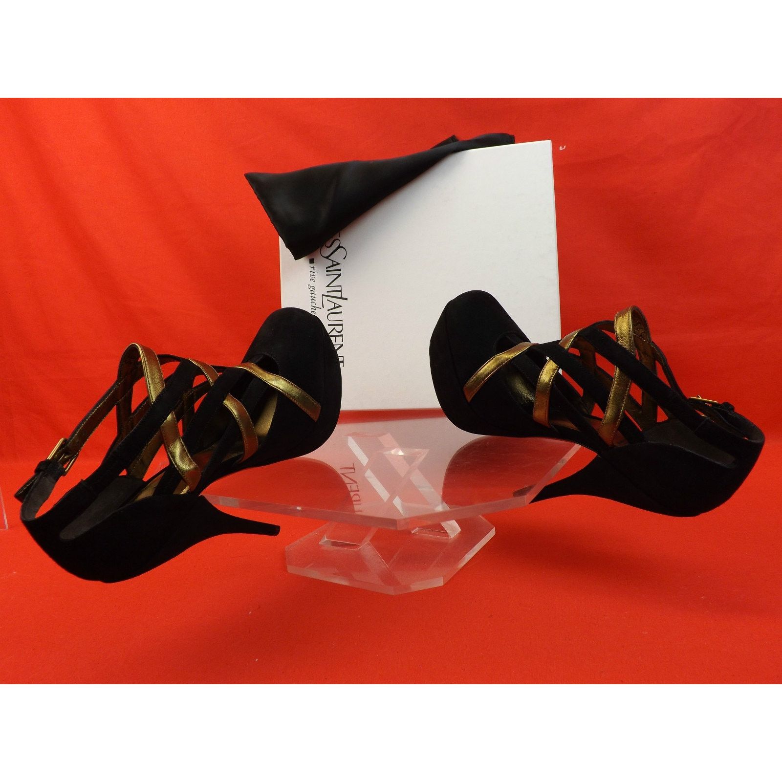 Saint Laurent Paris YVES SAINT LAURENT LUCY BLACK GOLD LEATHER PUMPS 36.5 $1K Size US 6.5 / IT 36.5 - 5 Thumbnail
