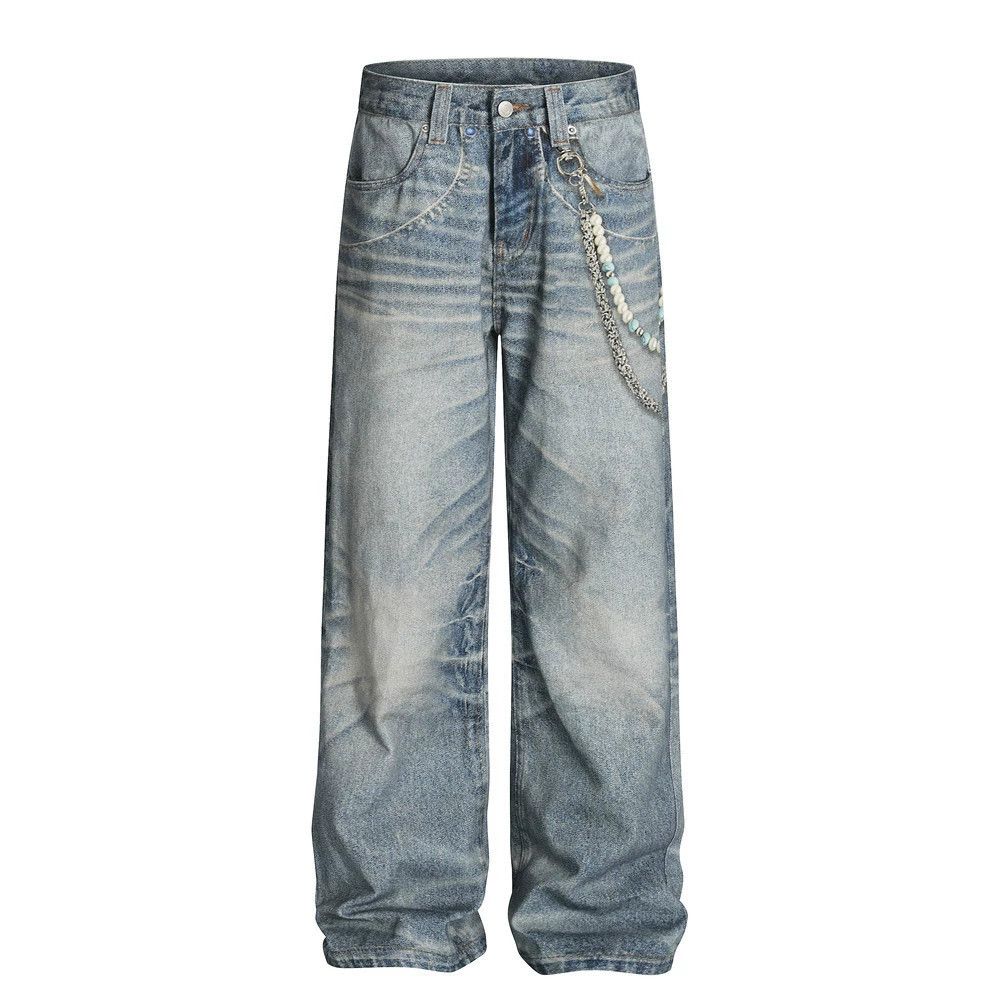 Japanese Brand × Vintage Men's distressed ripple chain loose straight washed jeans Size US 32 / EU 48 - 1 Thumbnail
