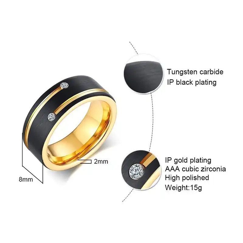 Other Black Tungsten Carbide with Gold Color Lines CZ Stones Ring Size ONE SIZE - 2 Thumbnail