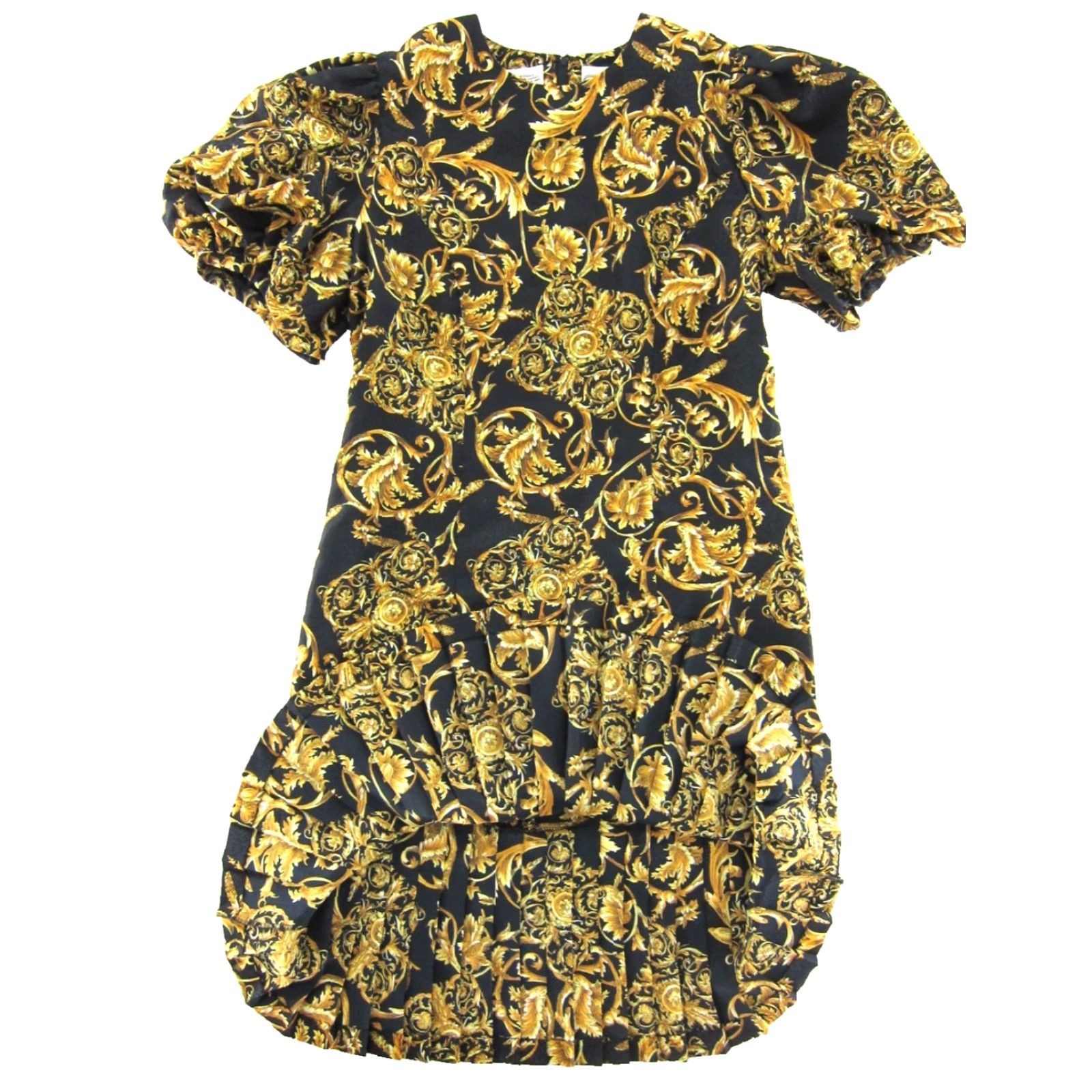 Vintage VINTAGE Liz Roberts Petites Black Gold Floral Puff Sleeve Pleat Shift Dress 12P Size XL / US 12-14 / IT 48-50 - 5 Thumbnail