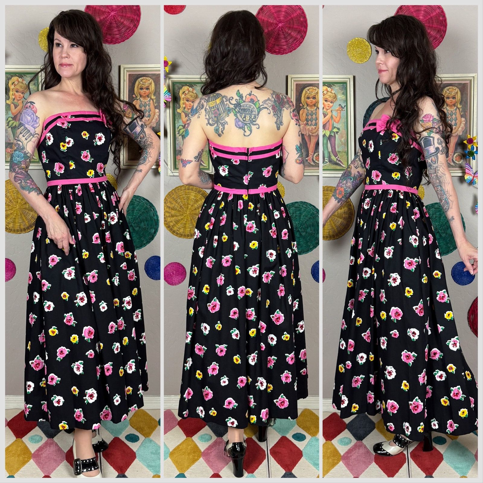 Vintage Vintage 1980s Black & Pink Floral Strapless Palazzo Jumpsuit Size 26" / US 2 / IT 38 - 3 Thumbnail