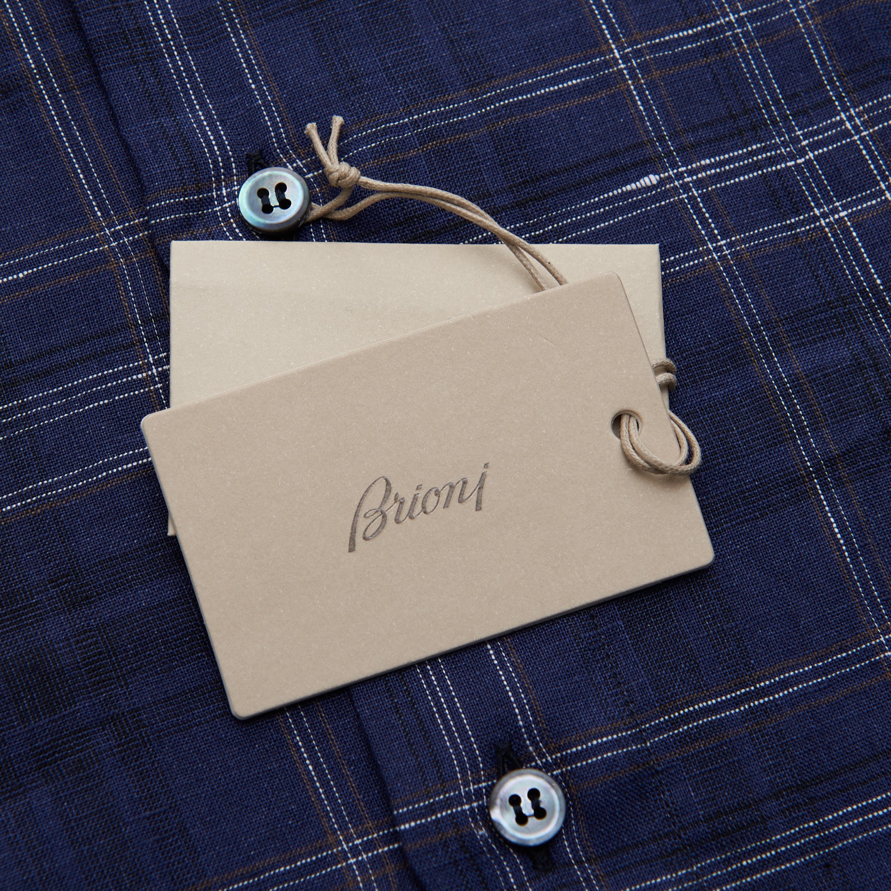 Brioni Longsleeve Fitted Shirt In Checked Blue Linen Size US M / EU 48-50 / 2 - 10 Thumbnail