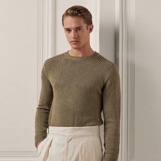 image of Ralph Lauren Purple Label 1975Usd Textured Tussah Silk-Cashmere Crewneck Sweater in Blue (Size Larg