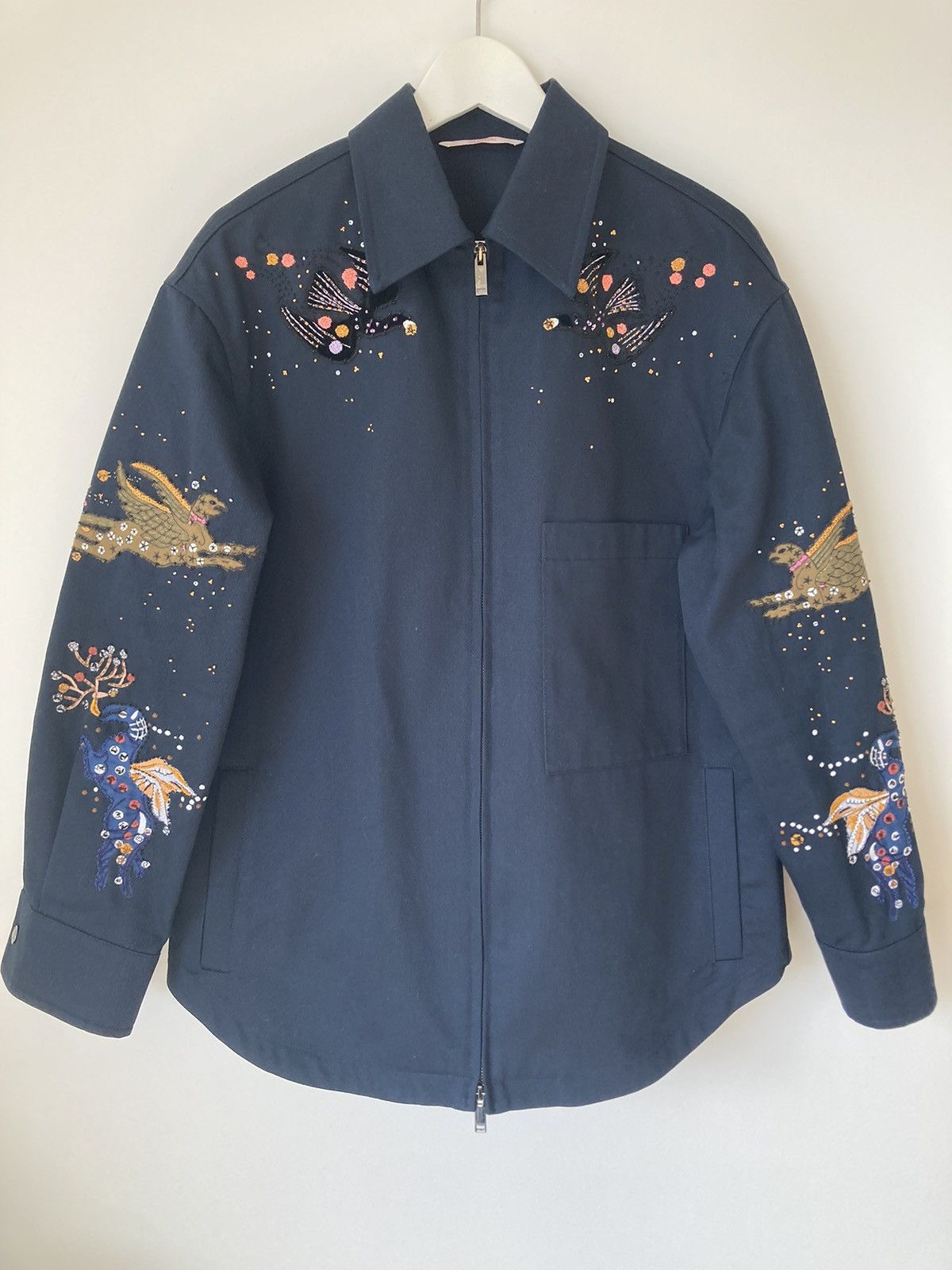 image of Valentino Embroidered Zipped Overshirt in Navy, Men's (Size XS)