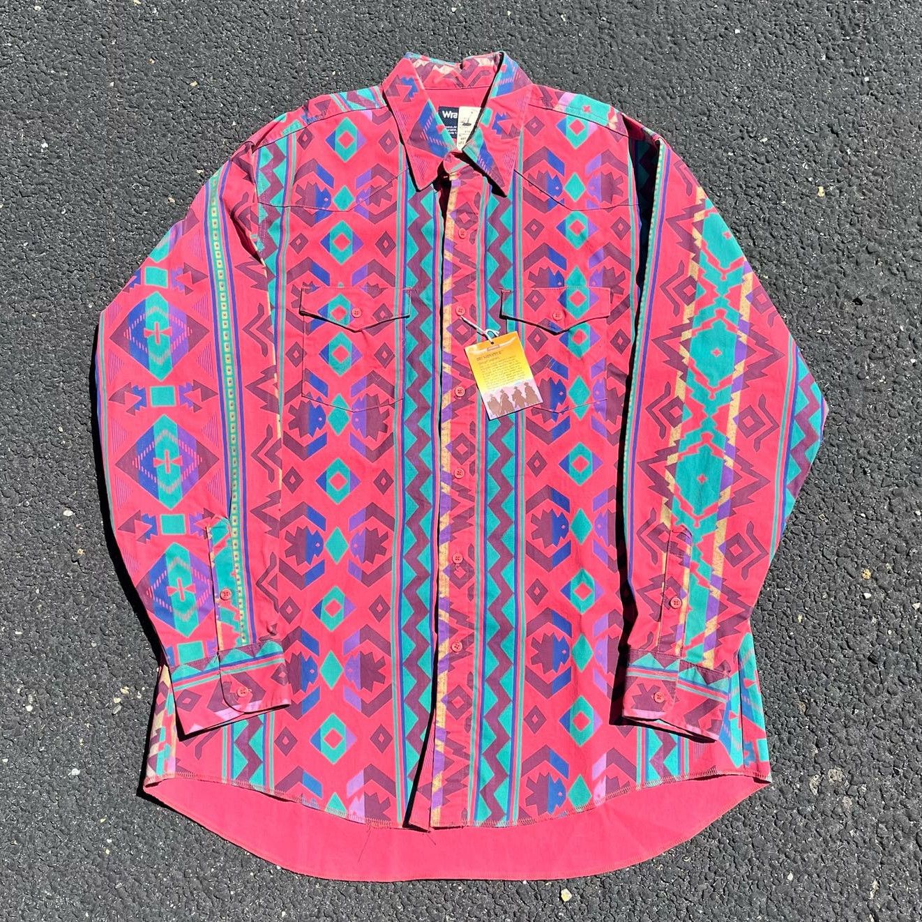 Image of Vintage Wrangler Brushpopper Pink Aztec Shirt NWT - 17.5X35, Men's (Size XL)