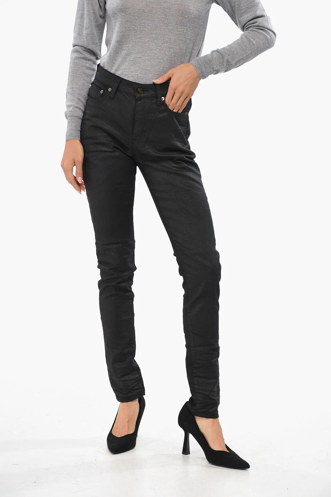 Saint Laurent Paris og1mm0326 Coated Cotton Dark Wash Jeans in Black Size 26" / US 2 / IT 38 - 1 Thumbnail