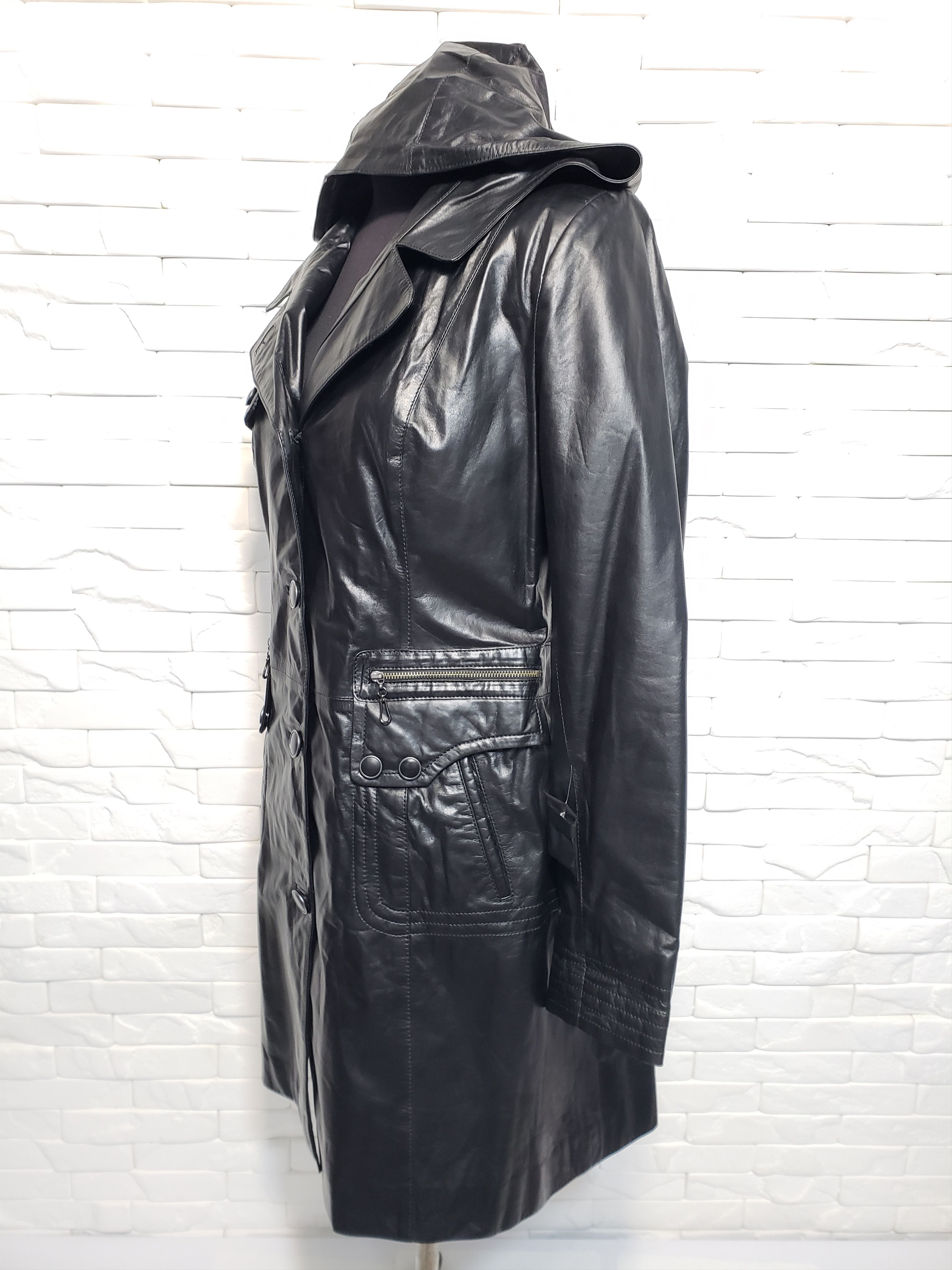 Genuine Leather Black women's jacket with a hood. Size L / US 10 / IT 46 - 2 Thumbnail