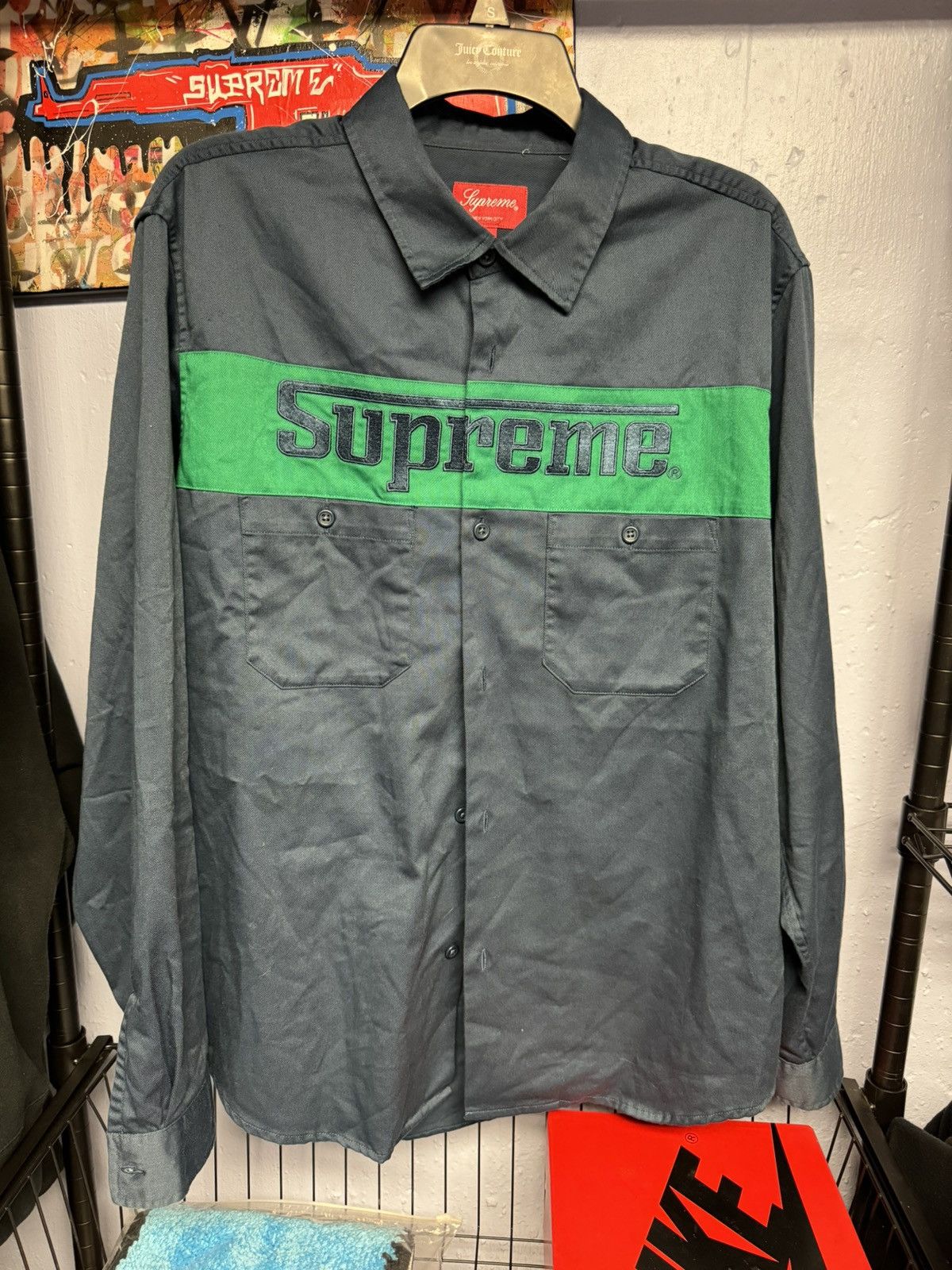 image of Supreme Racing Logo Work Shirt Navy Large, Men's