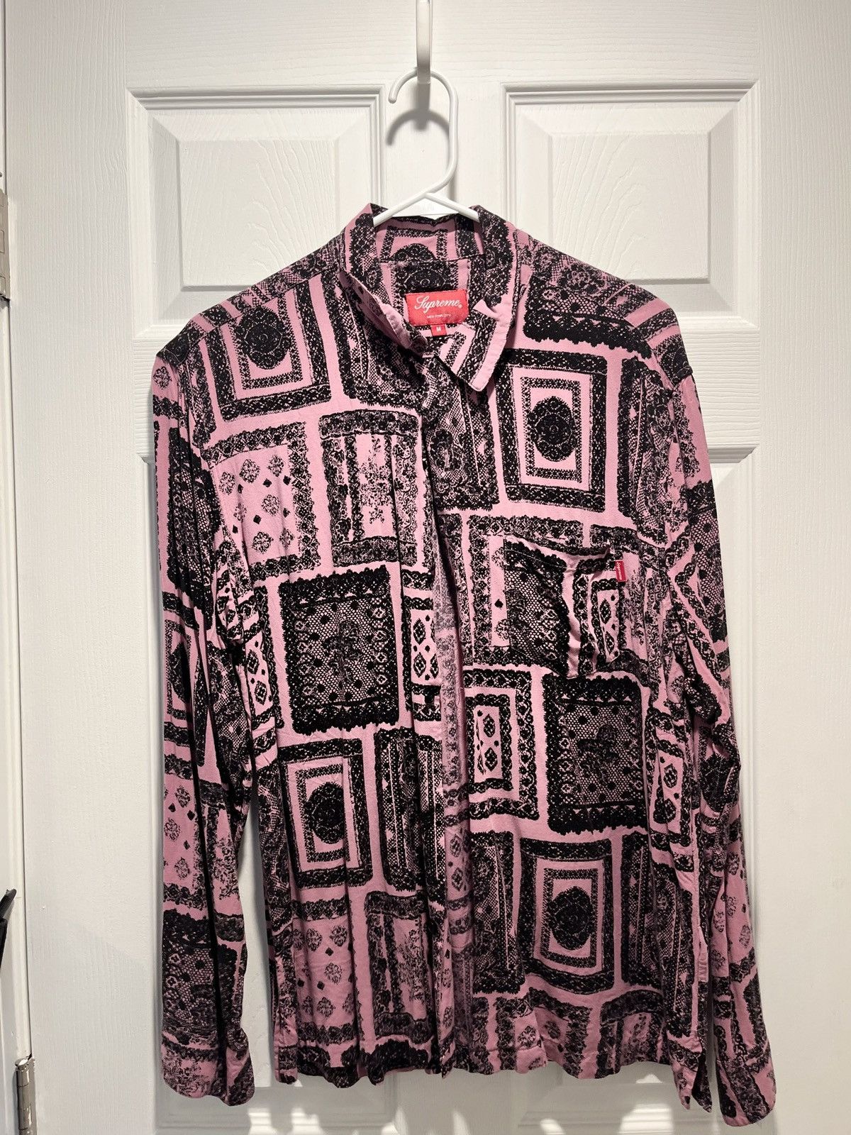 image of Supreme Laces Rayon Pink Button Up Long Sleeve, Men's (Size Medium)
