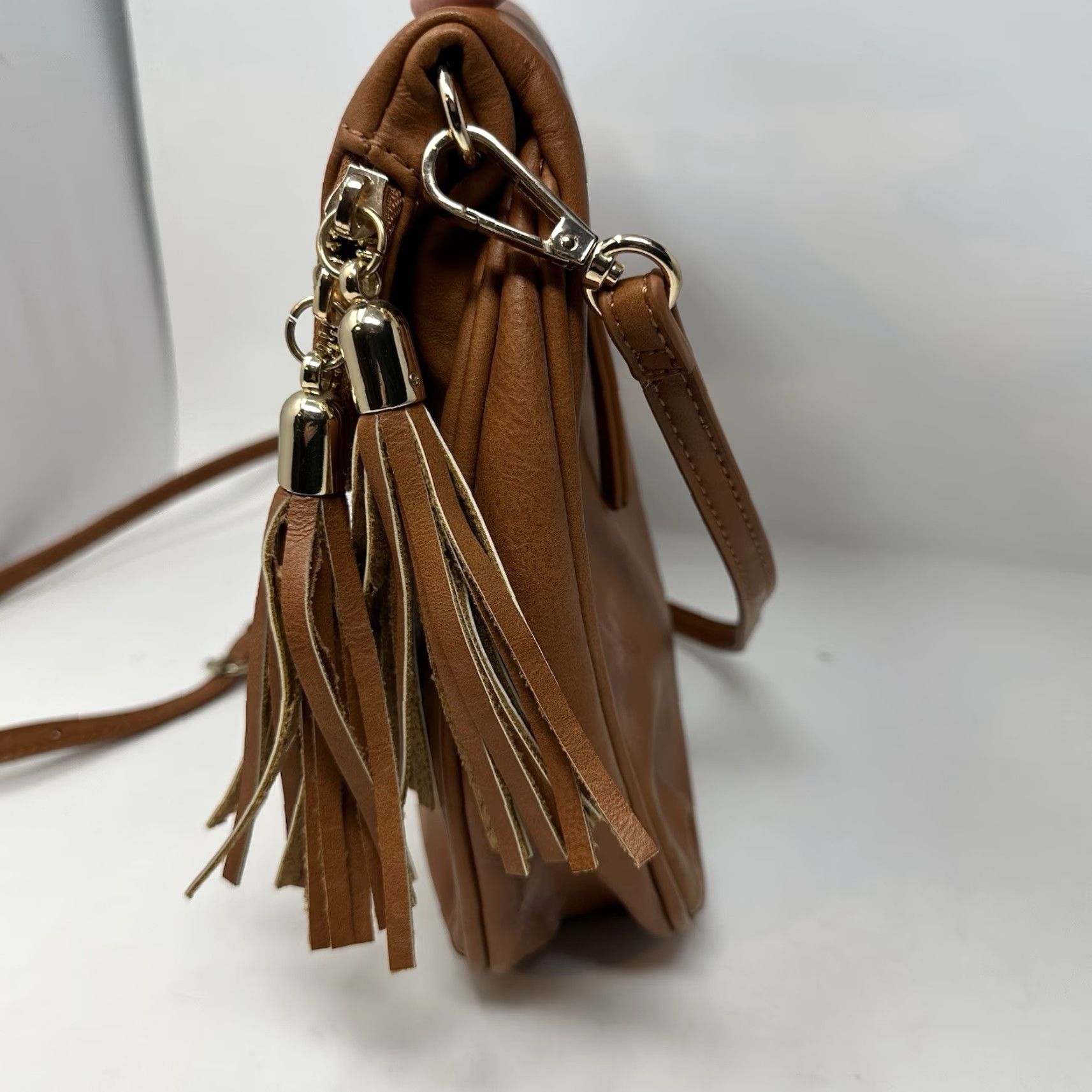 Vintage BP Crossbody Bag Small Faux Leather Brown with Tassel Strap Purse, Brass Hardware, Zip Closure, Women’s Casual Rectangle Size ONE SIZE - 2 Thumbnail