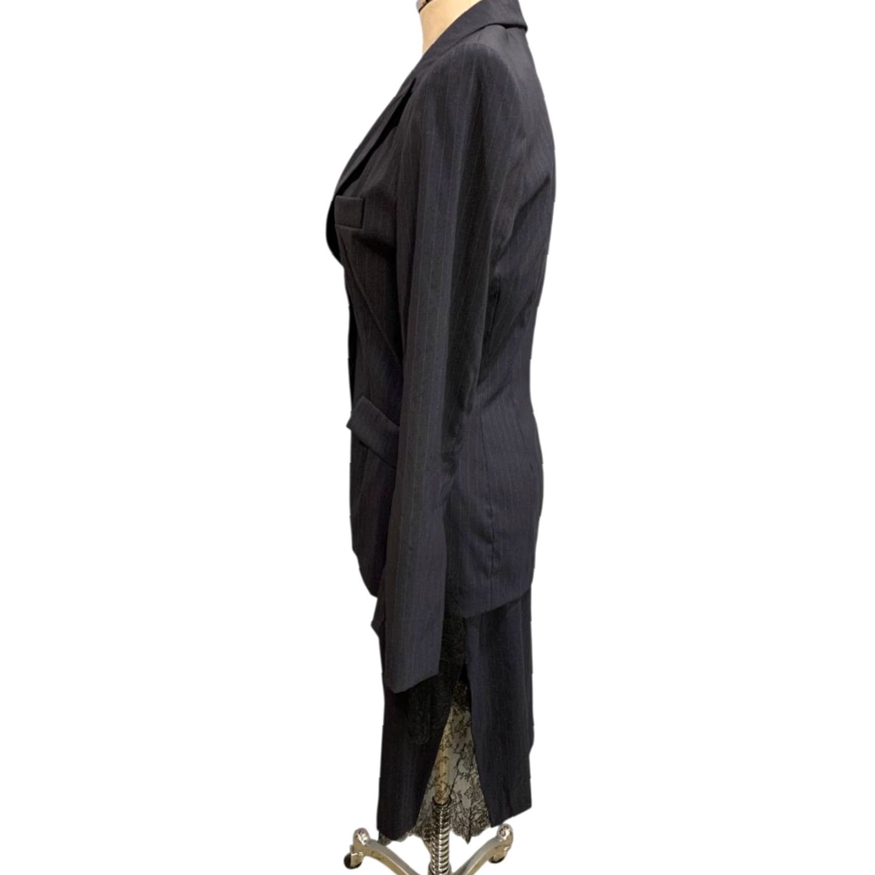 Vintage VINTAGE Marcel Marongiu Skirt Suit Black Pinstripe Lace Trim Size 38 Women Size 26" / US 2 / IT 38 - 5 Thumbnail
