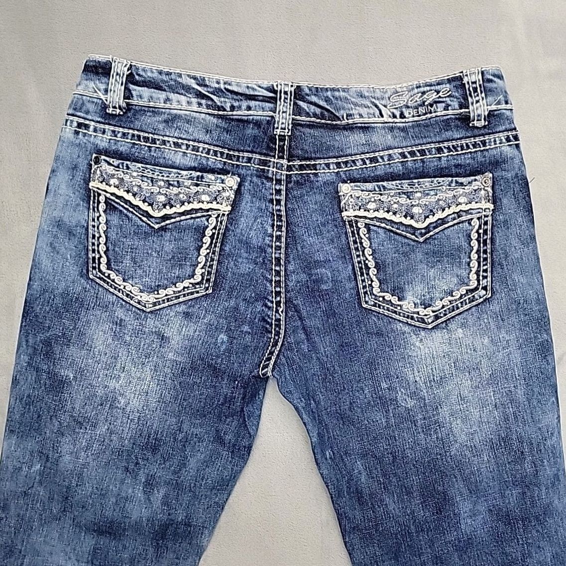 Denime Sage Jeans Womens 34 Blue Faded Denim Bootcut Bedazzled Stretch Western Cowboy Size 24" / US 00 / IT 34 - 7 Thumbnail