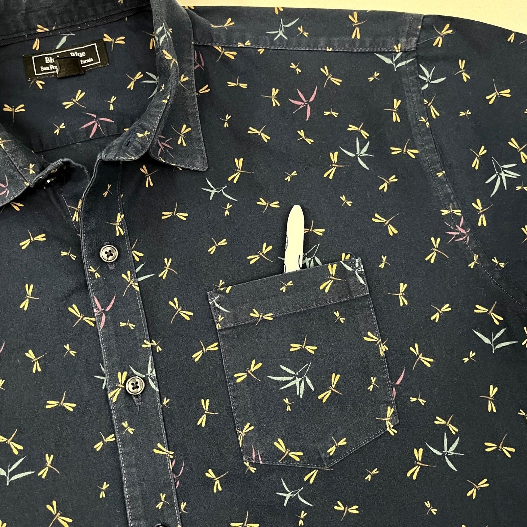 Vintage Blade + Blue USA Shirt Mens L Button-Up Short Sleeve Cam Blue Butterfly Print Preppy S/S Size US L / EU 52-54 / 3 - 7 Thumbnail