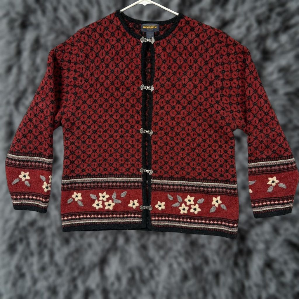Vintage Vtg 90s Woolrich Cardigan Sweater Womens XL Red Fair Isle Wool Nordic Cabincore Size XL / US 12-14 / IT 48-50 - 1 Thumbnail