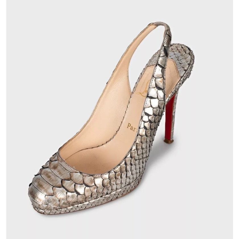 Christian Louboutin Christian Louboutin Silver Snakeskin Slingback Heels 37 Size US 7 / IT 37 - 3 Thumbnail