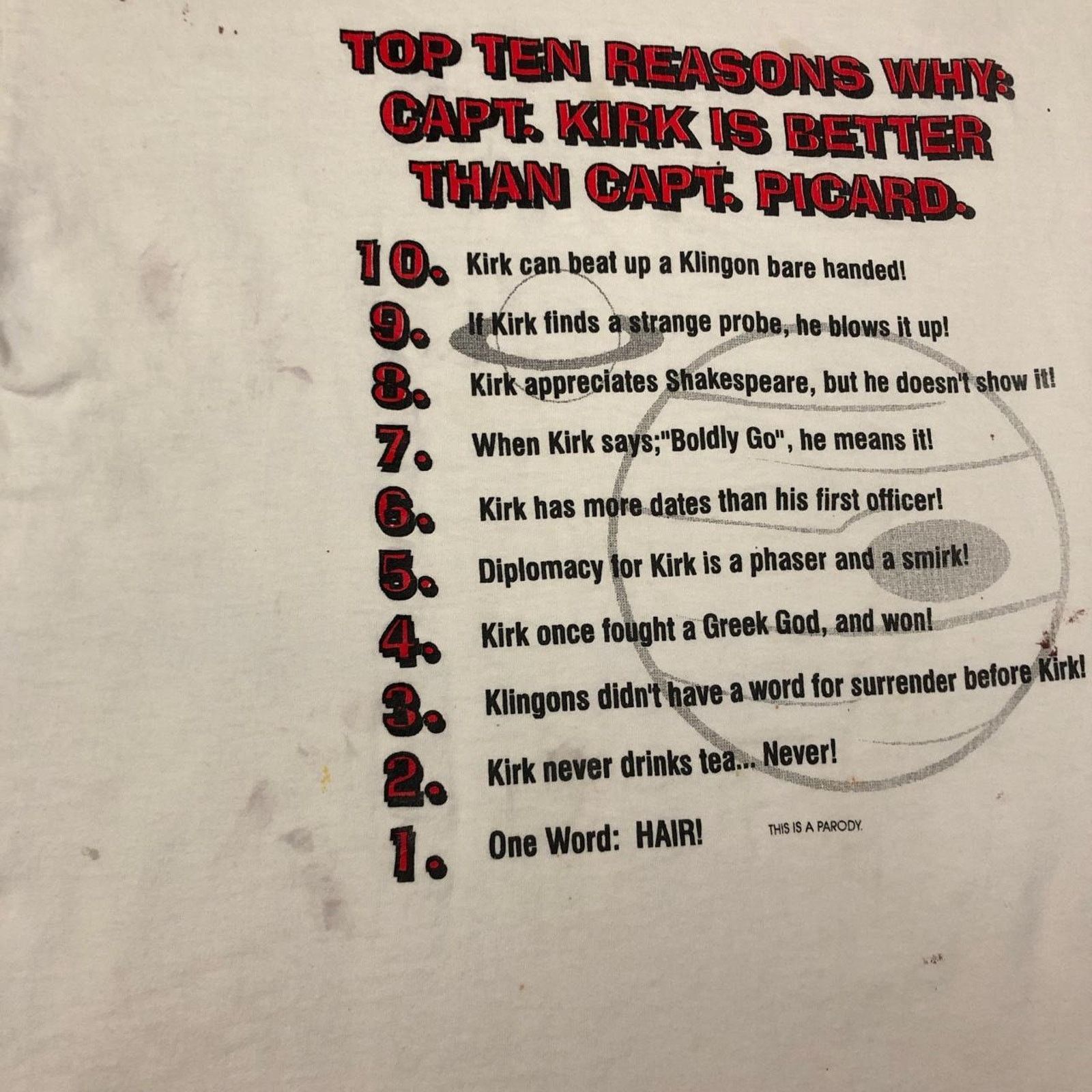 Fruit Of The Loom White ’10 Reasons’ Captain Kirk vs Capt. Picard Graphic Tee Size US XXL / EU 58 / 5 - 3 Thumbnail