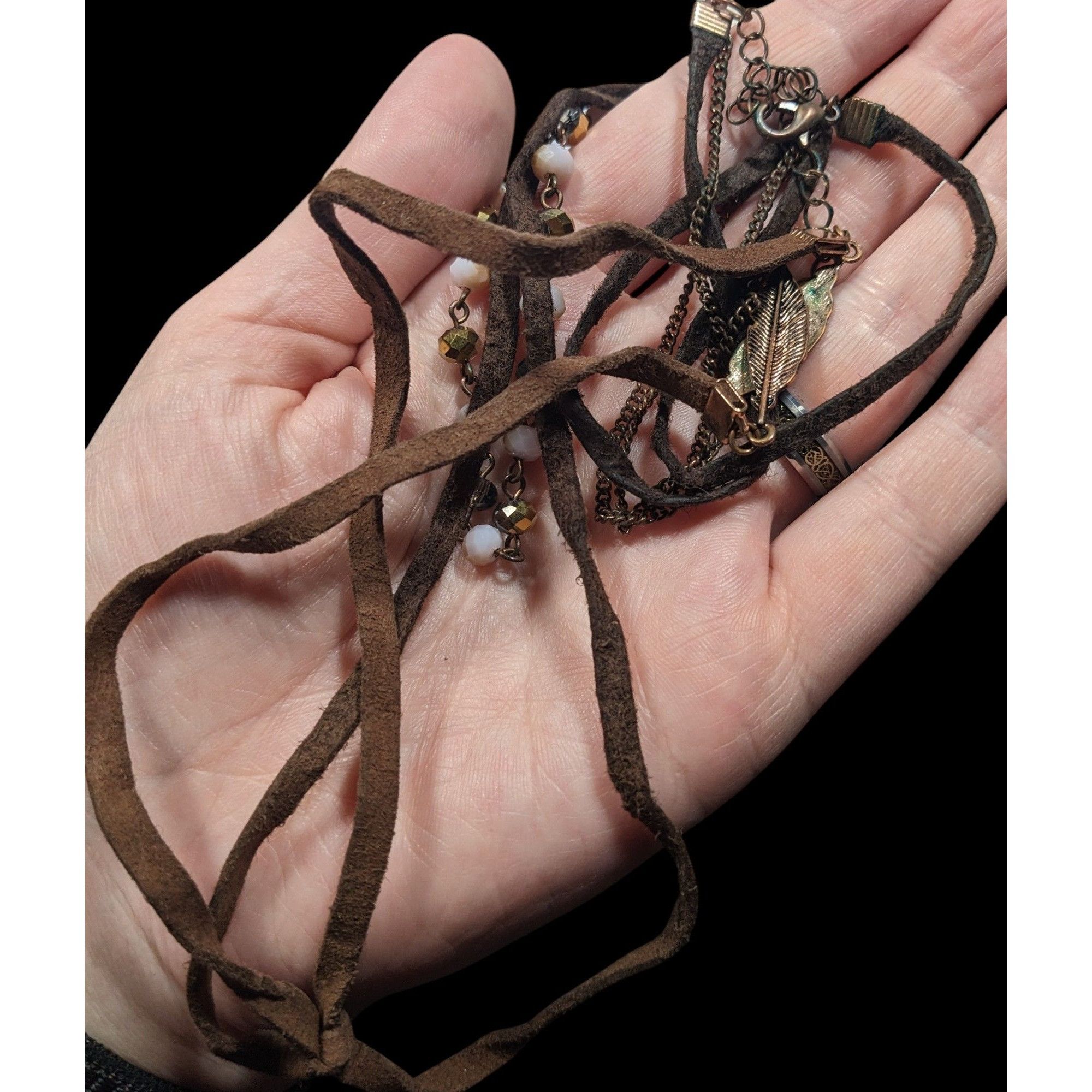 Other Bohemian Hippie Brown Suede Beaded Necklace With Tie Accent Size ONE SIZE - 4 Thumbnail