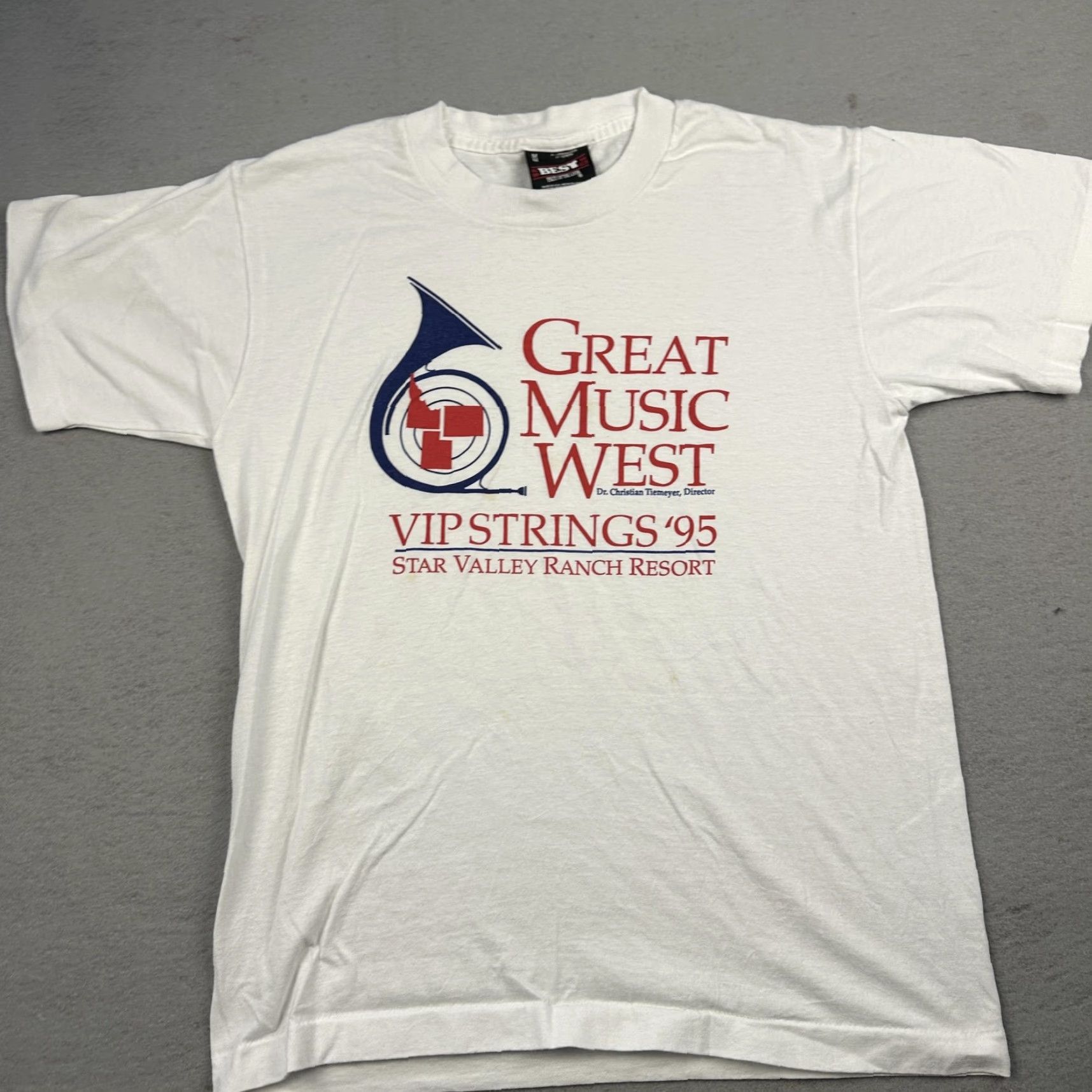 Fruit Of The Loom VINTAGE Fruit of the Loom Great Music West VIP Strings '95 Star Valley Mens Medium White T-Shirt Crew Neck Graphic Print 90s Music Men Size US M / EU 48-50 / 2 - 3 Thumbnail