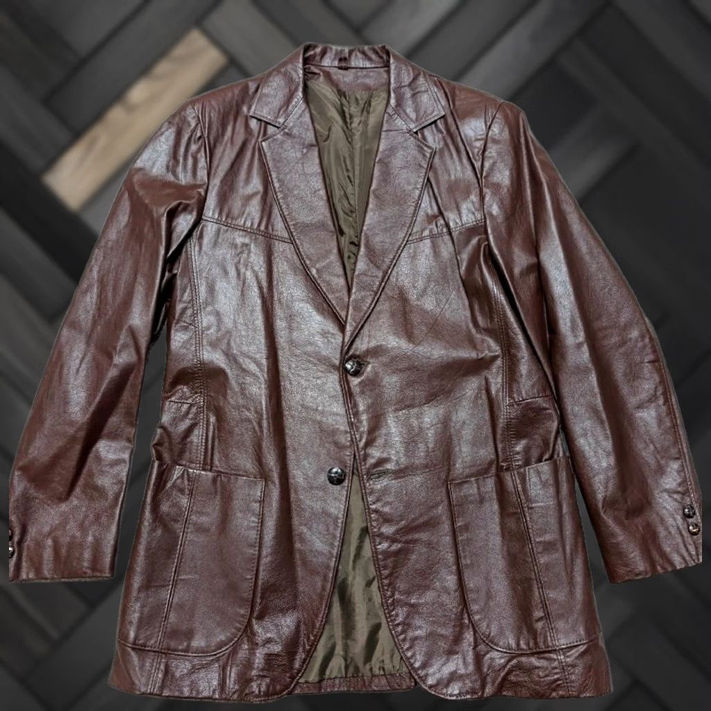 Sears VINTAGE Argentina leather blazer blazer Mens 40L brown leather two-button 3" lapel noth notch pecan brown SEARS vintage leather blazer Size 40R - 1 Thumbnail