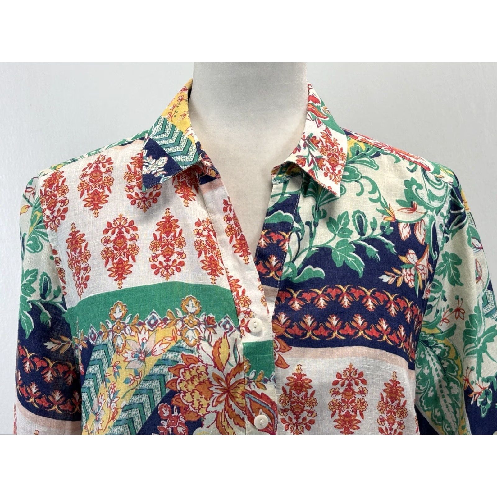 Vintage Chicos No Iron Linen Button Up Shirt Sz 1 US 8/10 Medium 3/4 Sleeves Mixed Print Size M / US 6-8 / IT 42-44 - 5 Thumbnail
