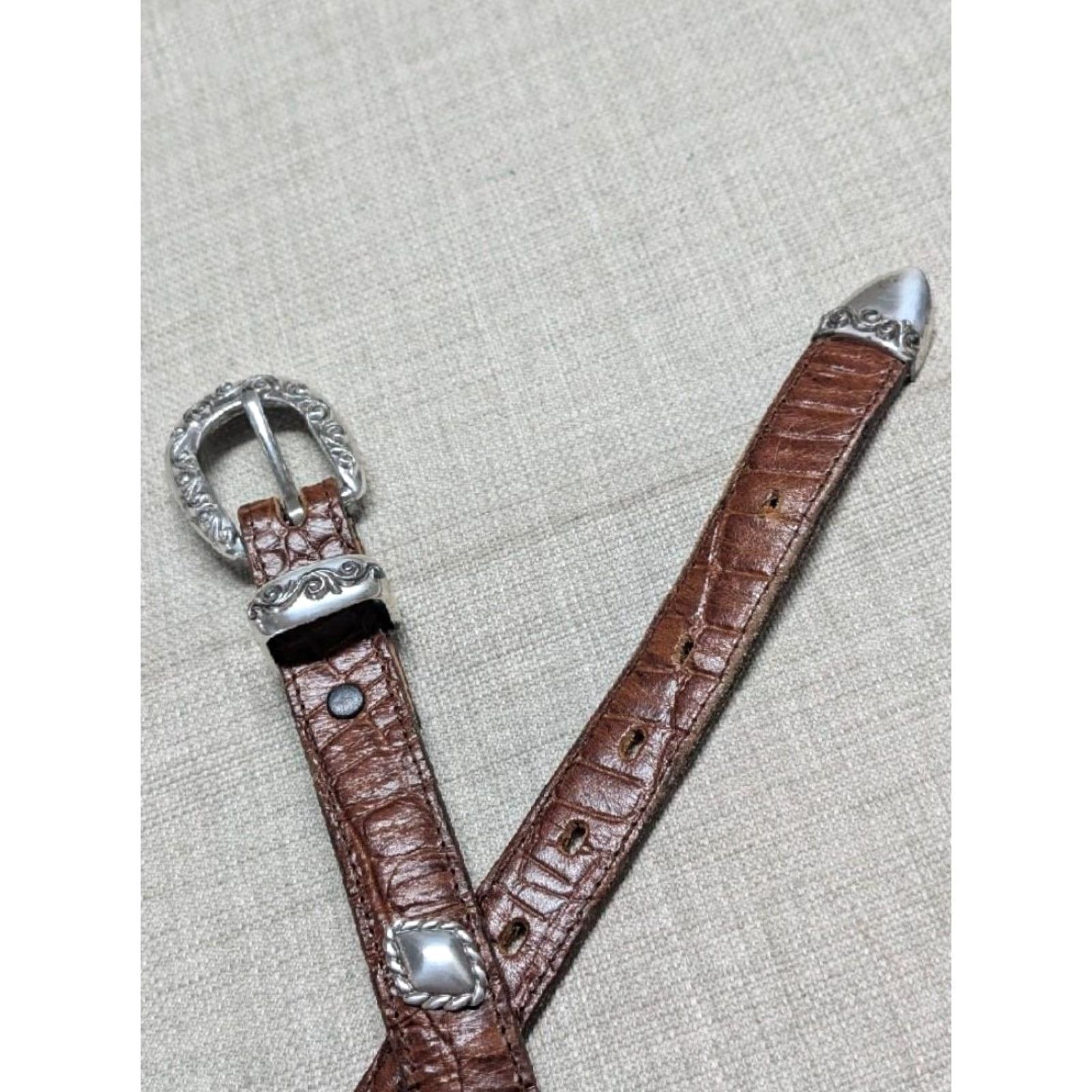 Vintage VINTAGE Nocona USA made concho belt 28 western leather brown crocodile alligator print belt Mens Size 28 - 2 Thumbnail