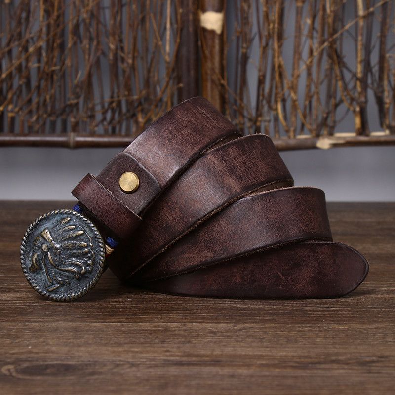 Leather Red Indian Brass Buckle Belt Size ONE SIZE - 6 Thumbnail