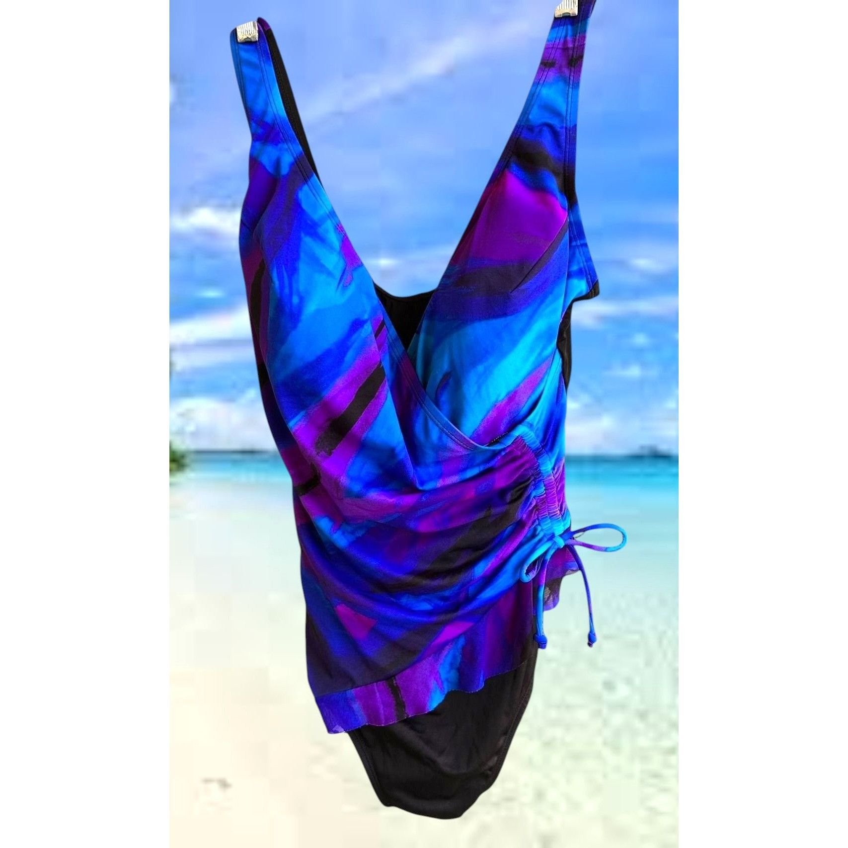 Vintage Robby Lynn Swimsuit 18W Blue One Piece Floral Wrap Front Bea Size XL / US 12-14 / IT 48-50 - 6 Thumbnail