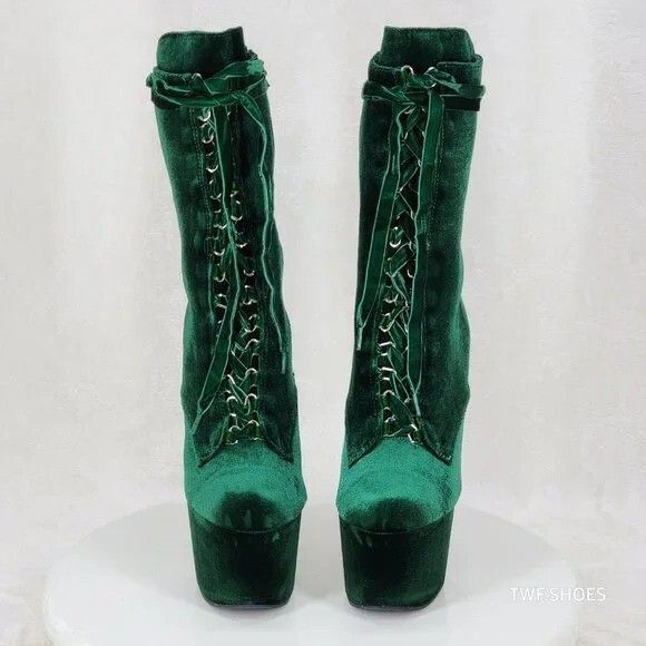 Other Adore 1045 Emerald Green Velvet 7" High Heel Platform Ankle Size US 8 / IT 38 - 6 Thumbnail