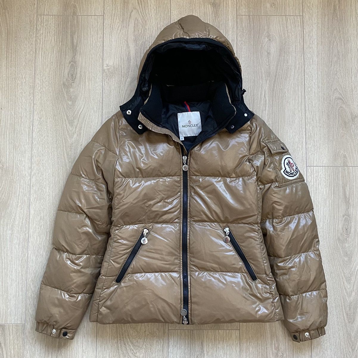 image of Moncler Badia Big Logo Beige Down Puffer Jacket Size 2, Women's