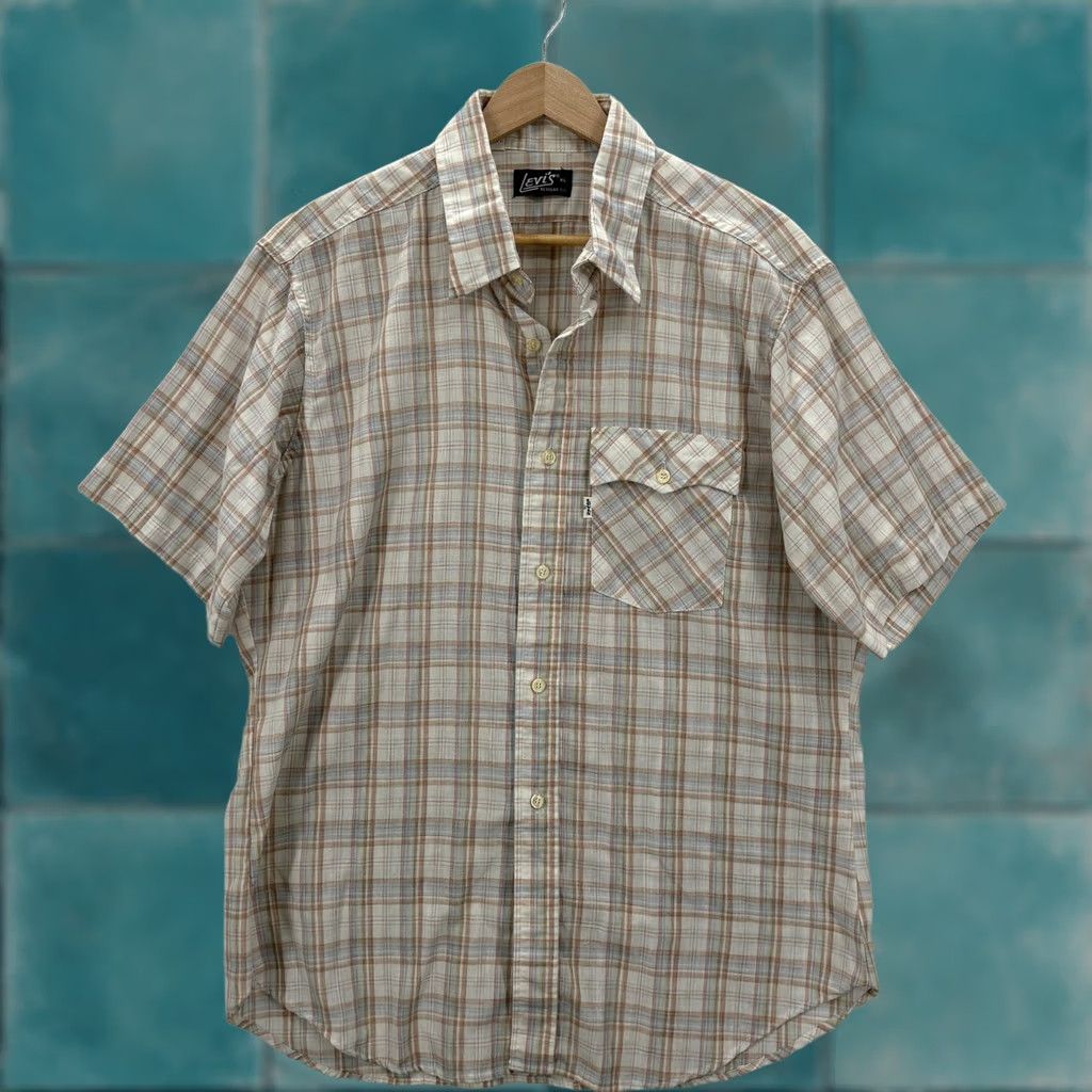 Levi's VINTAGE Levi's Shirt Mens XL Beige Plaid Short Sleeve Button Front USA Western Size US XL / EU 56 / 4 - 1 Thumbnail