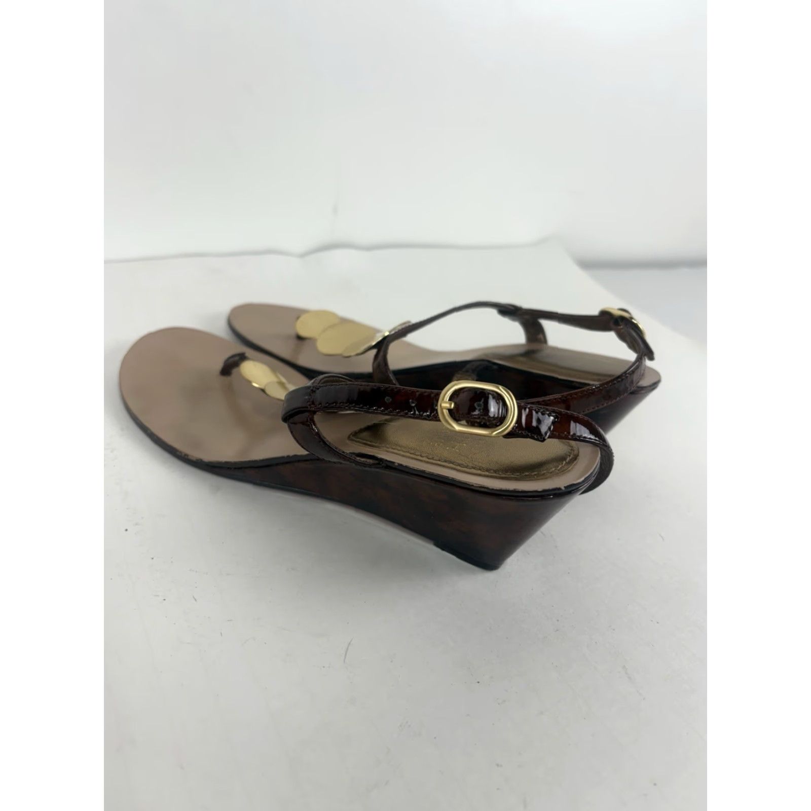 Saks Fifth Avenue Saks Fifth Avenue Leather Wedge Sandals Womens Size 8M Brown Glossy Strappy Spring Summer Size US 8 / IT 38 - 5 Thumbnail