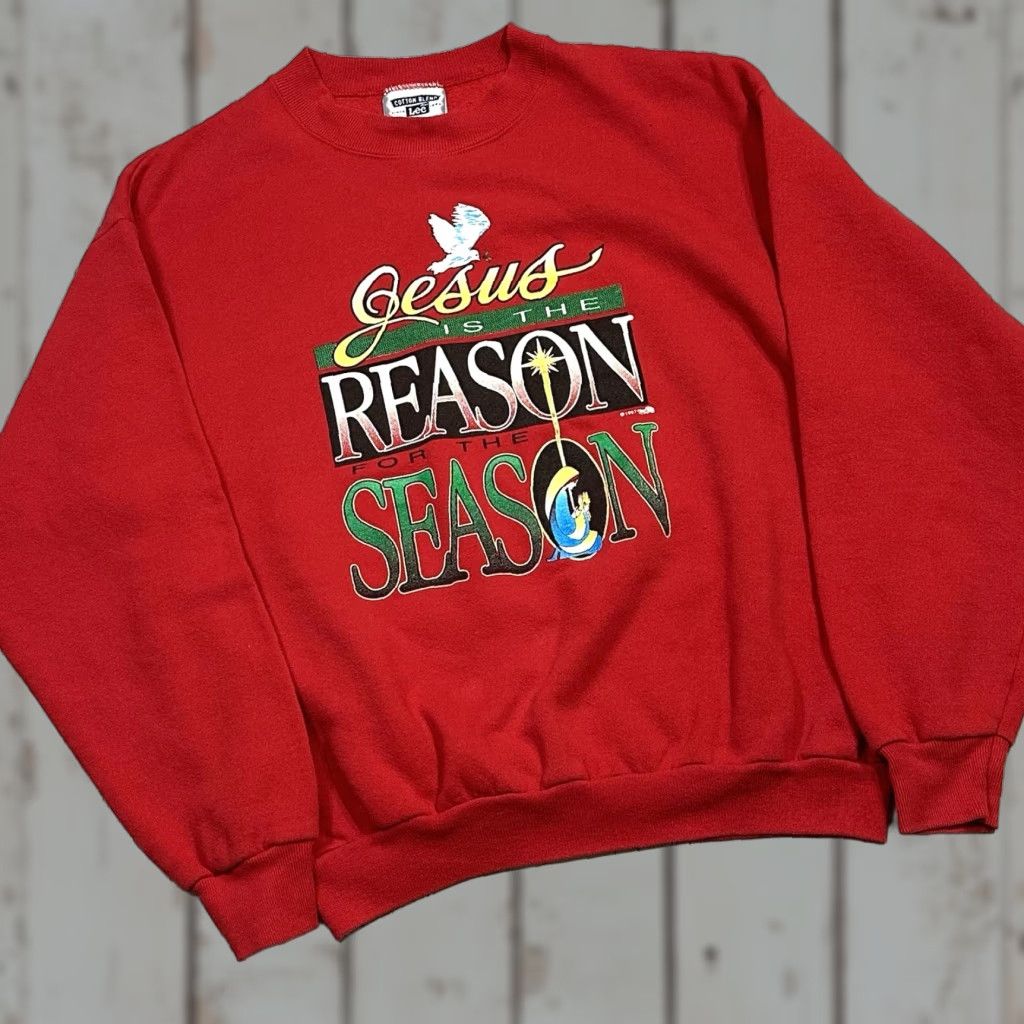 Lee VINTAGE Lee Christmas Jesus Is The Reason Red Cotton Sweater USA Made Sz Large Mens Pullover Knit Long Sleeve Fleece Graphic Print Size US L / EU 52-54 / 3 - 1 Thumbnail