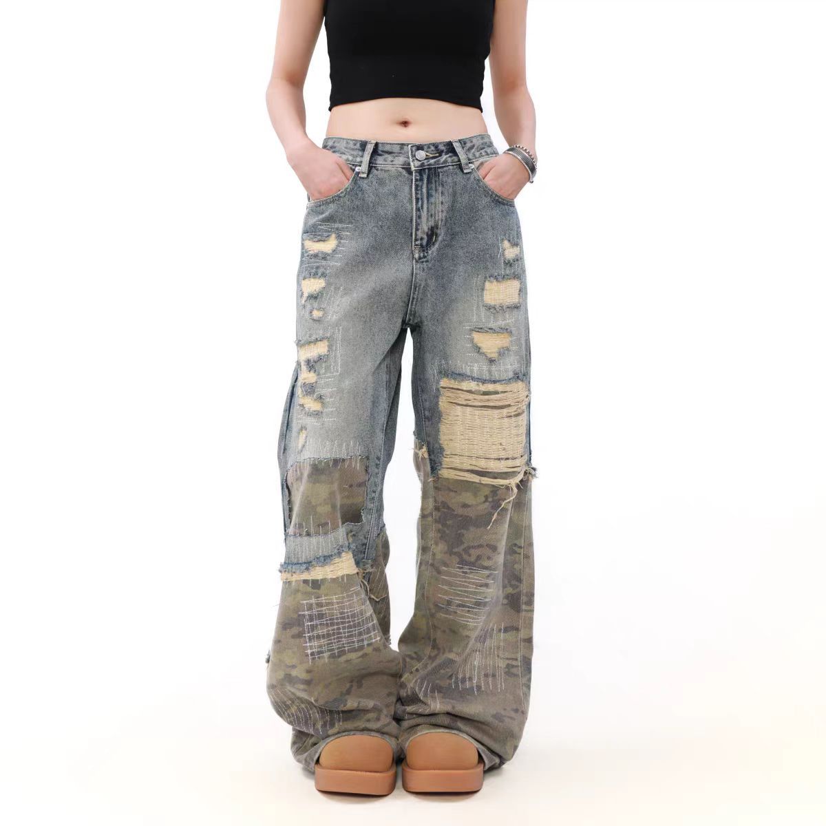Japanese Brand × Jean Vintage patchwork camouflage ripped straight leg jeans Size US 30 / EU 46 - 1 Thumbnail