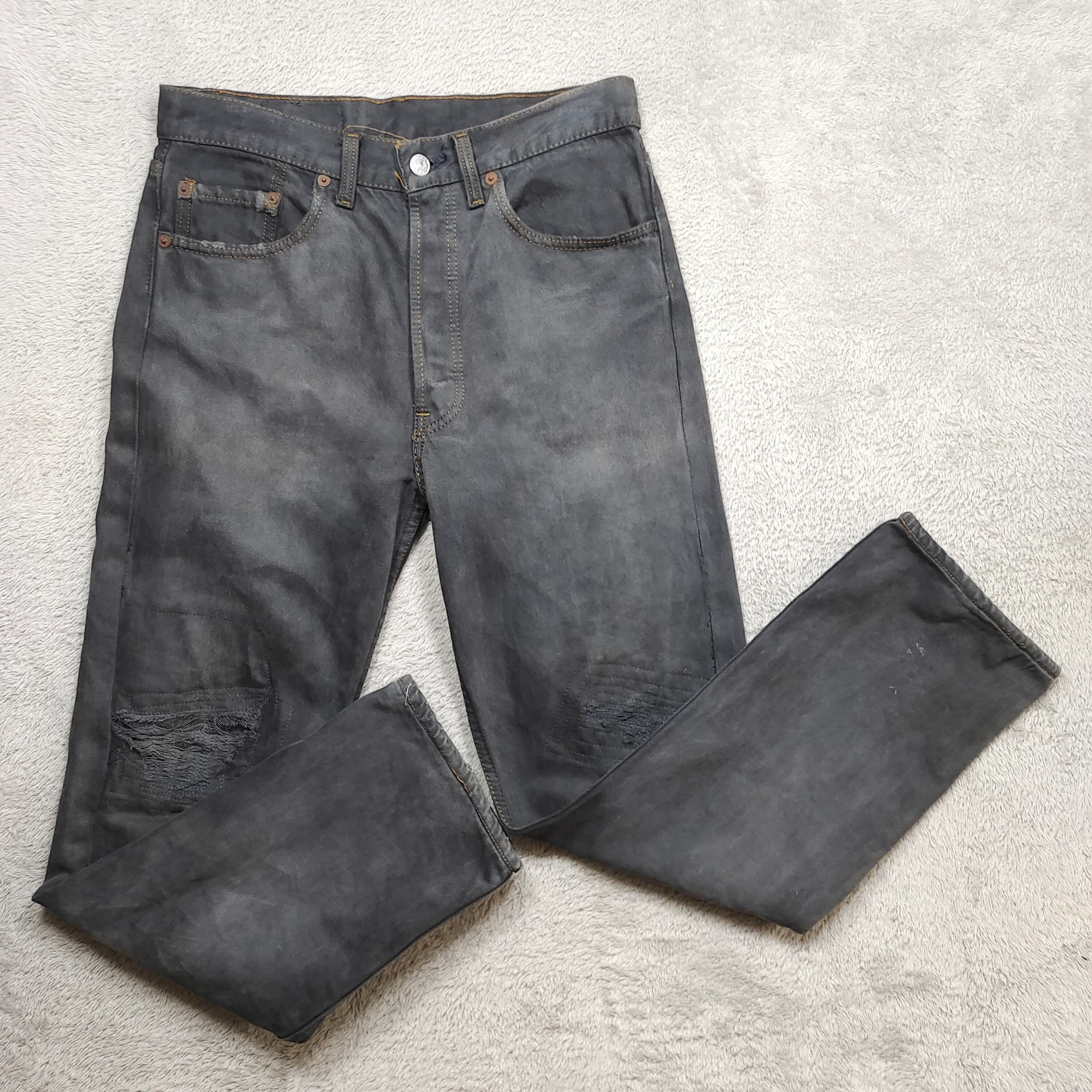 Vintage 90s Levi’s 501 Overdyed Black Patched Knees Charcoal
