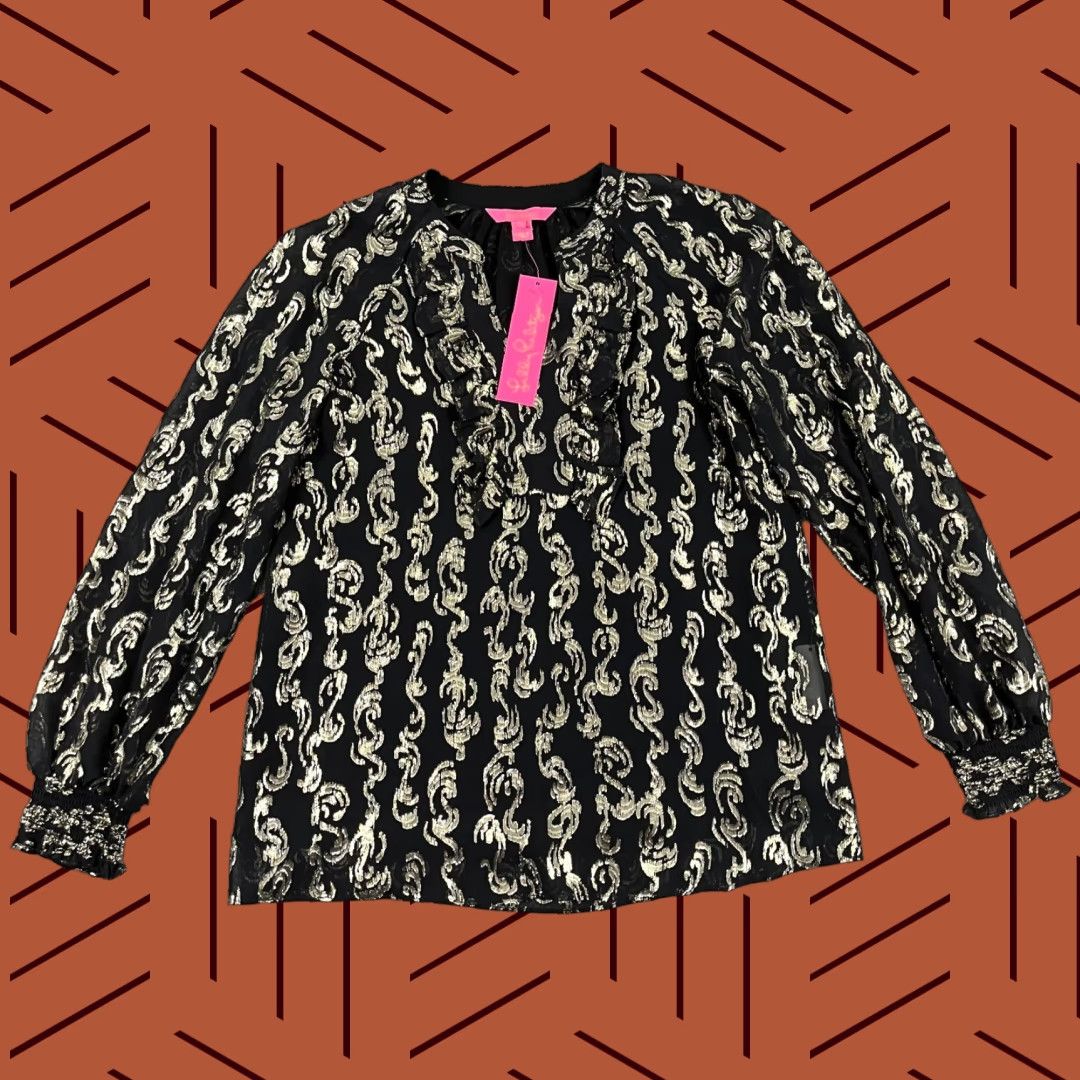 Lilly Pulitzer VINTAGE Lilly Pulitzer Blouse Womens XS Silk Chiffon Metallic Geometric Long Sleeve Casual Size XS / US 0-2 / IT 36-38 - 1 Thumbnail