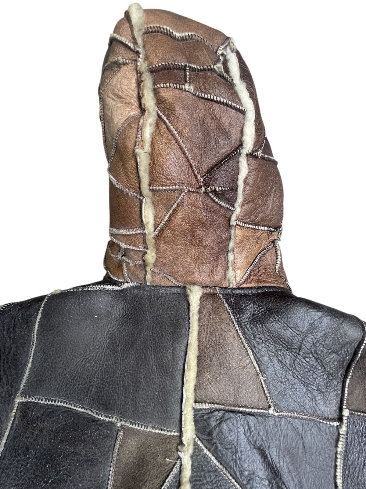 Japanese Brand Stewart Richer Shearling Brown Leather Patchwork Hooded Coat Size US M / EU 48-50 / 2 - 6 Thumbnail