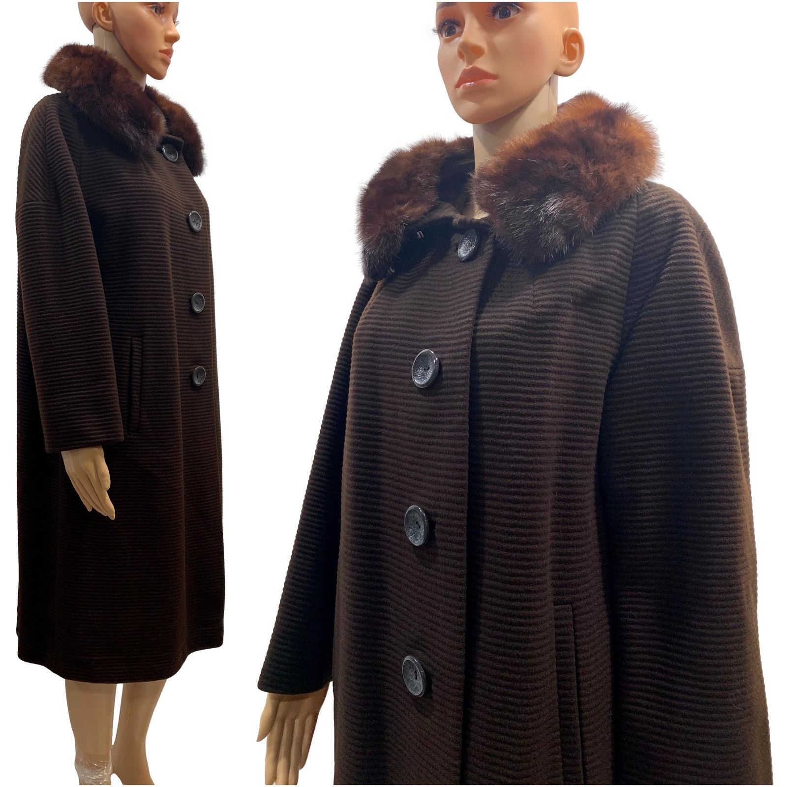 Vintage 60s Brown Ribbed Wool Coat w Mink Collar | Small Size S / US 4 / IT 40 - 5 Thumbnail