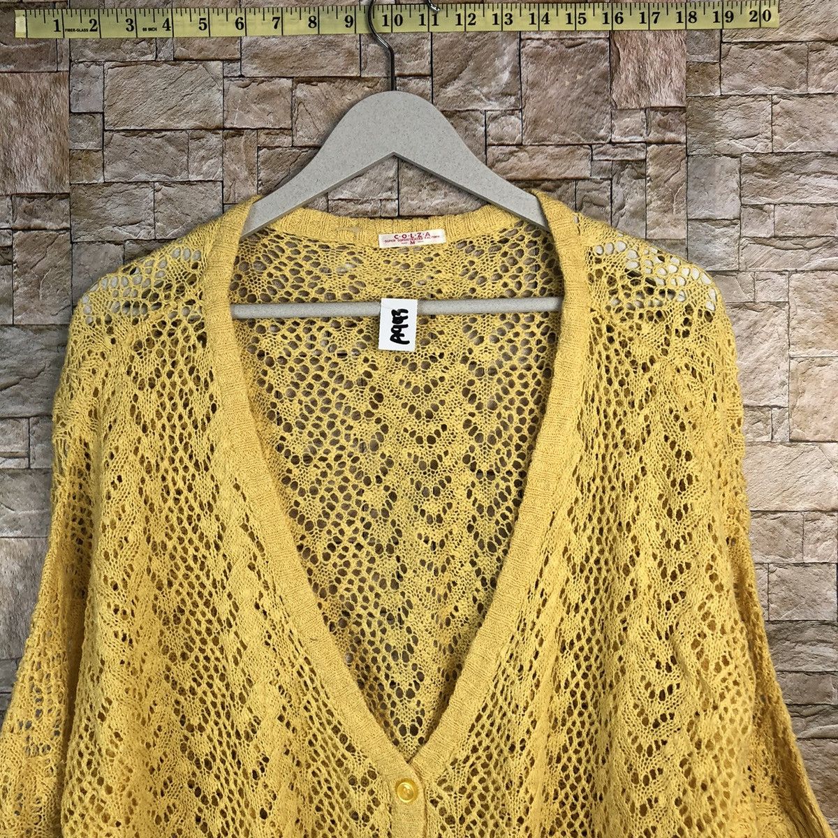 Japanese Brand C.O.L.Z.A yellow meshnet crochet Cardigan Knitwear #A943 Size M / US 6-8 / IT 42-44 - 4 Thumbnail