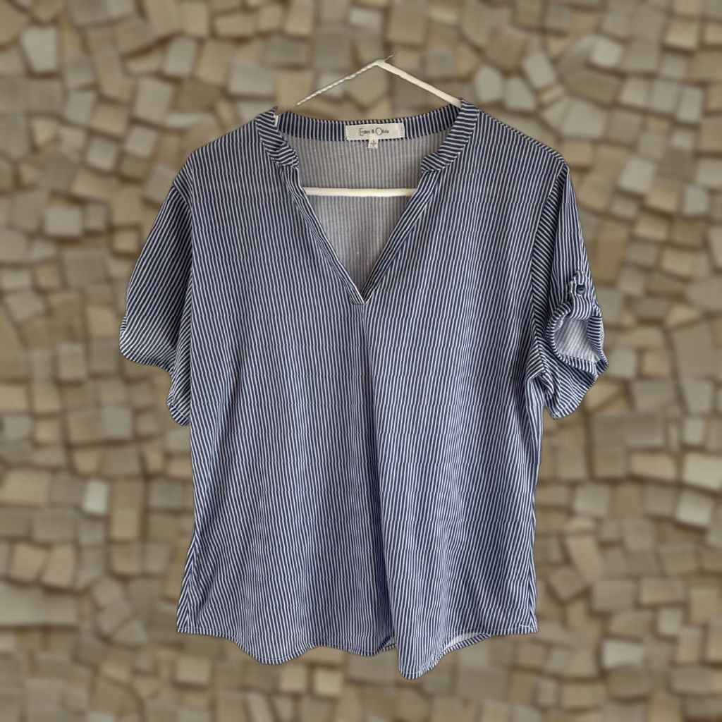 Vintage Eden & Olivia Shirt Women's L Blue White Striped V-Neck Short Sleeve Tabs Shirt Size L / US 10 / IT 46 - 1 Thumbnail