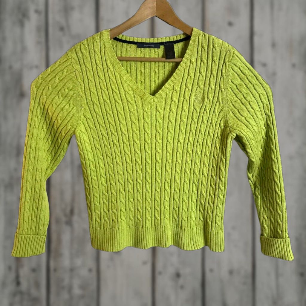 Liz Claiborne Liz Claiborne Sweater Womens M Yellow Green Cable Knit V-Neck 100% Cotton Size M / US 6-8 / IT 42-44 - 1 Thumbnail