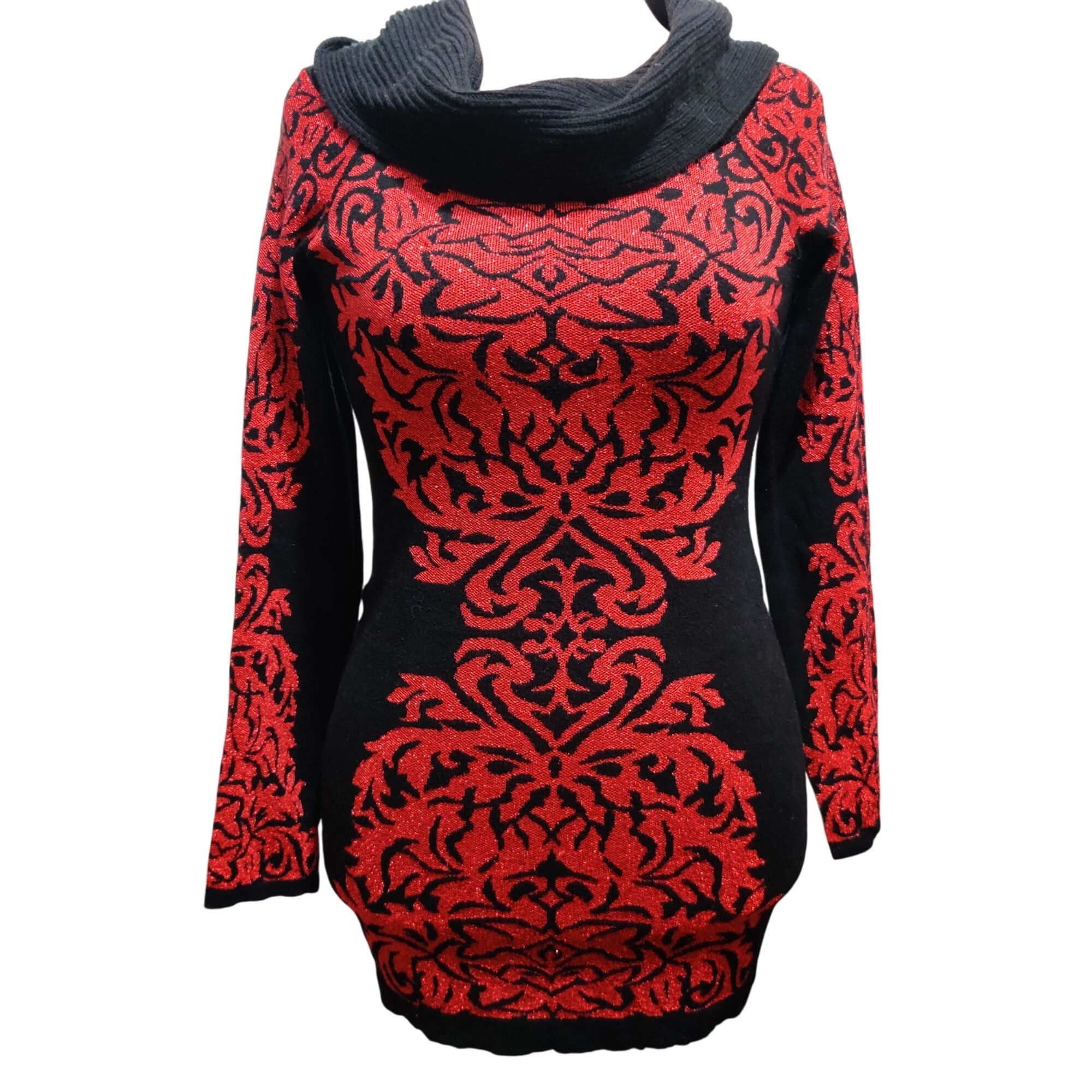 Other INC International Concepts L Red Black Baroque Knit Off Shou Size L / US 10 / IT 46 - 1 Thumbnail