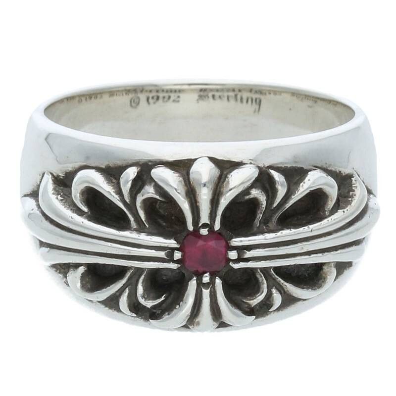 image of Chrome Hearts Ruby Floral Cross Silver Ring, Men's