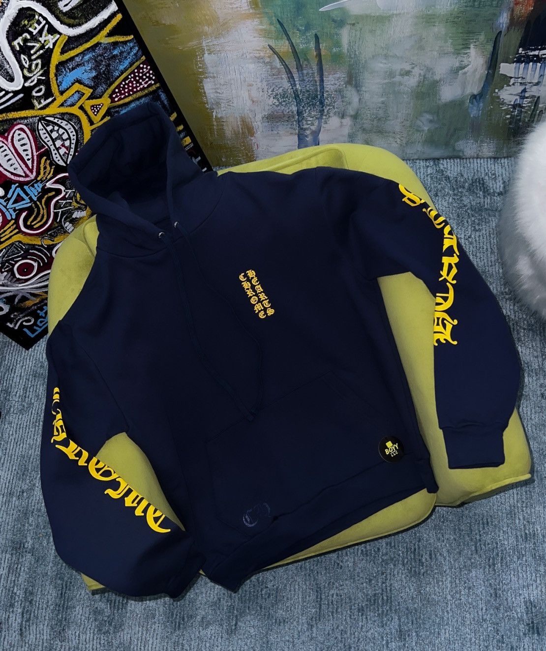 image of Chrome Hearts Navy/yellow Logo Hoodie, Men's (Size Large)