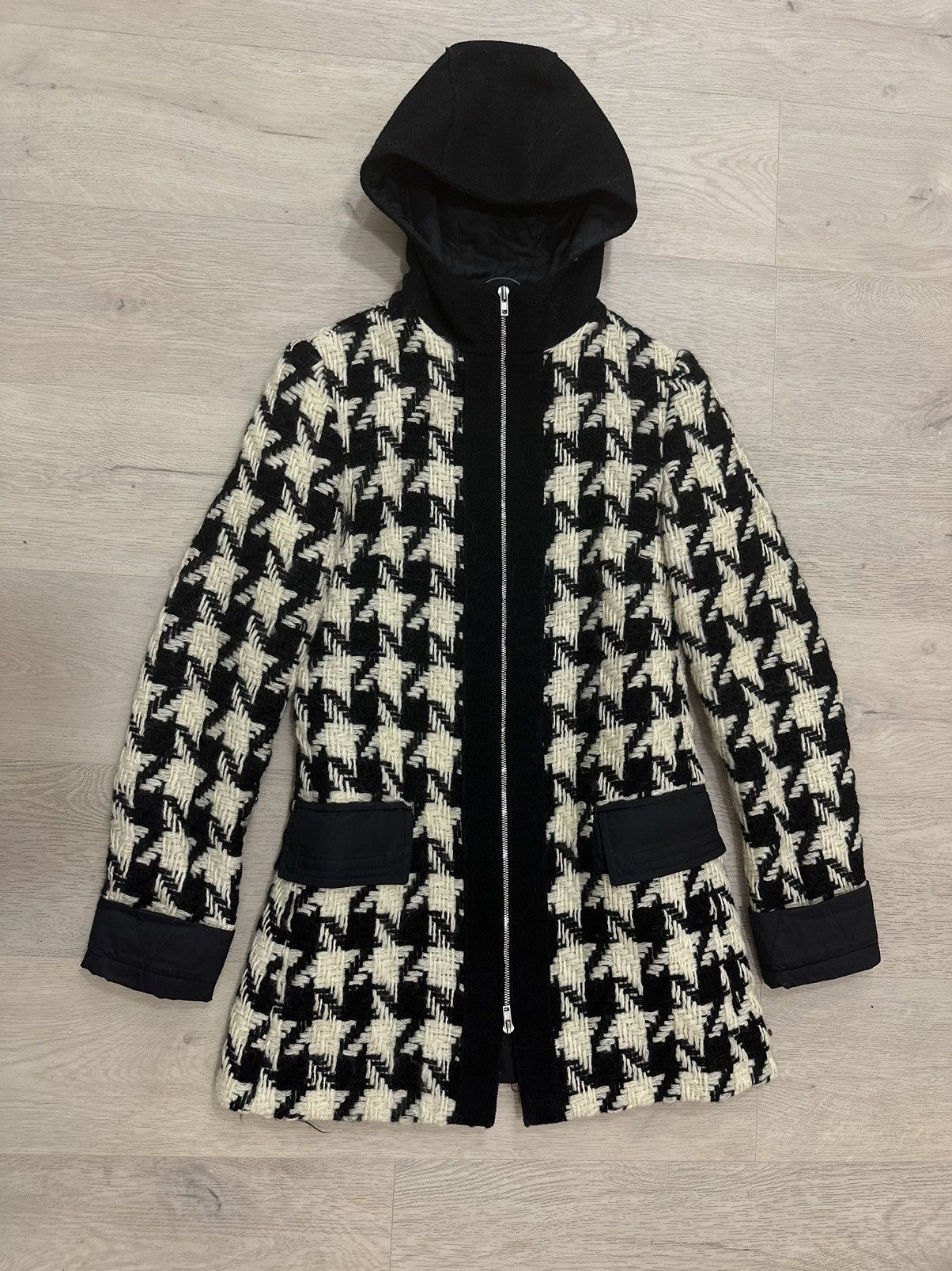 image of Miu Miu Houndstooth Coat in Black, Women's (Size Medium)