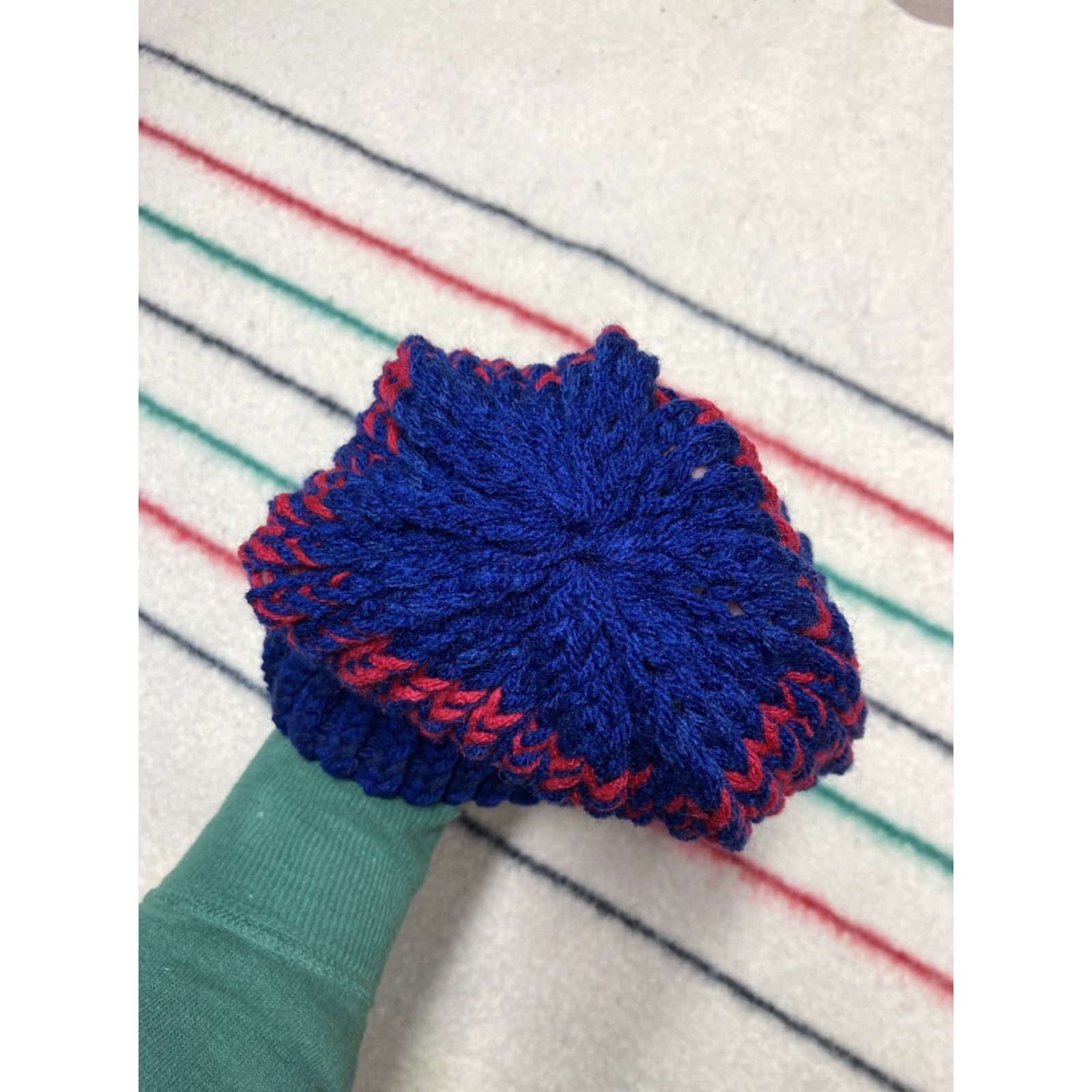Vintage Crochet knit beanie hand made red blue custom cap snow toboggan soft adult Beanie Women One Size Red Blue Knit Crochet Accessories Size ONE SIZE - 5 Thumbnail