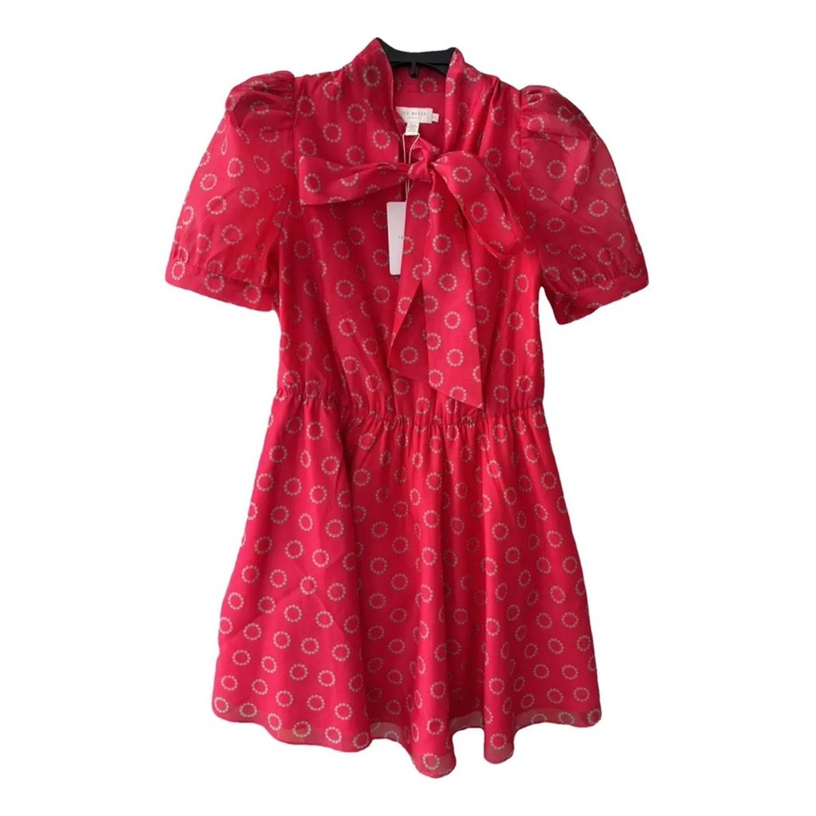 Ted Baker Ted Baker London Silk Red Puff Sleeve Mini Dress w Tie Neck Size M / US 6-8 / IT 42-44 - 8 Thumbnail