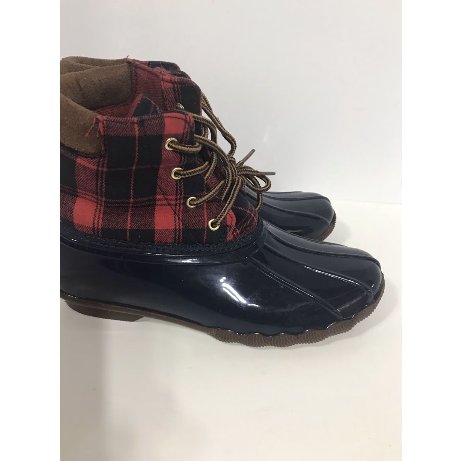 Vintage Jessica Carlyle Women's Duck Boots Fall Winter Water-Resistant Leather Flat Size 8.5 Navy/Red Buffalo Plaid Size US 8.5 / IT 38.5 - 3 Thumbnail